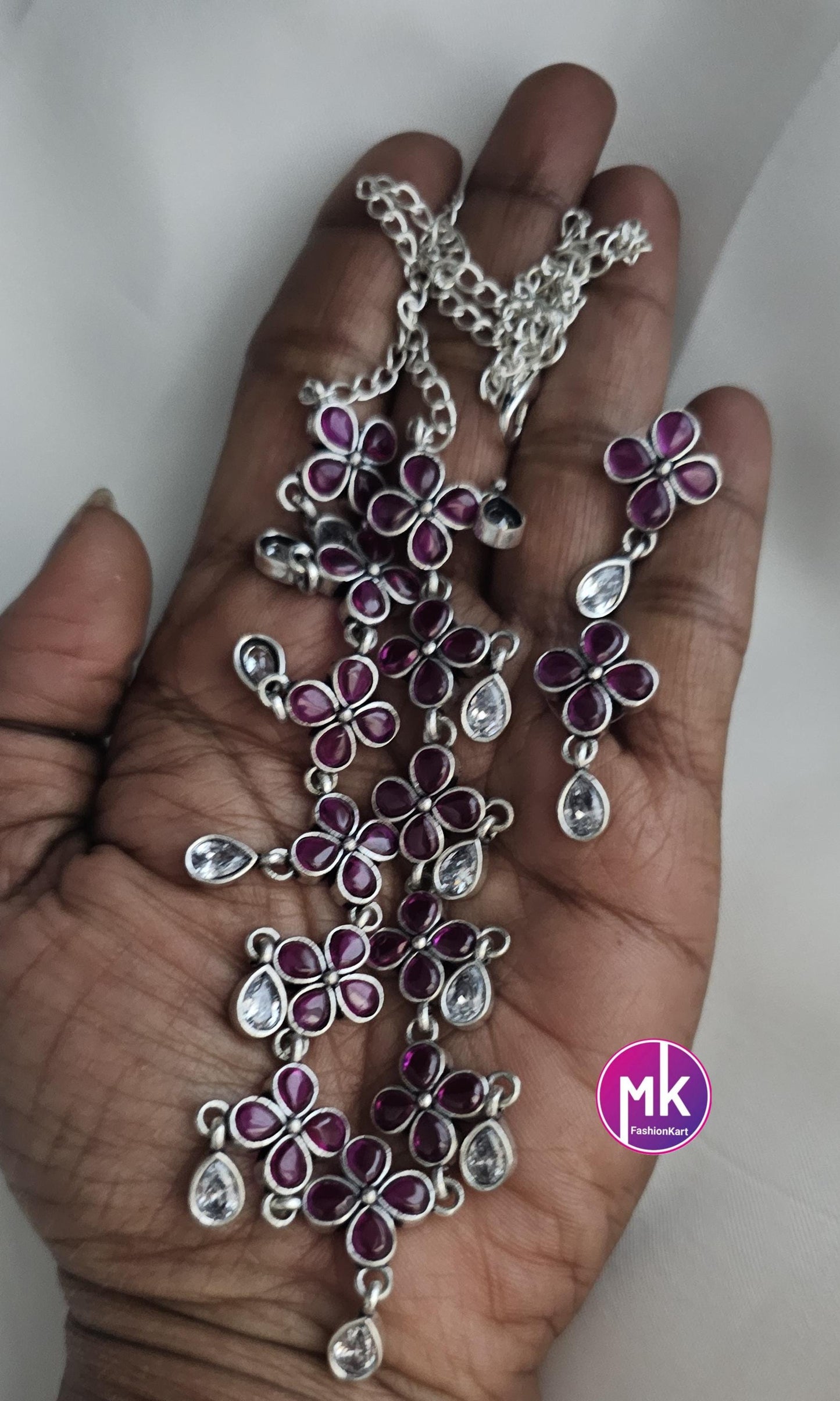 Oxidized Silver Flower design AD stones Necklace with matching Earrings - Adult cum Teen Necklace - MK Fashionkart - Fashion Jewelry