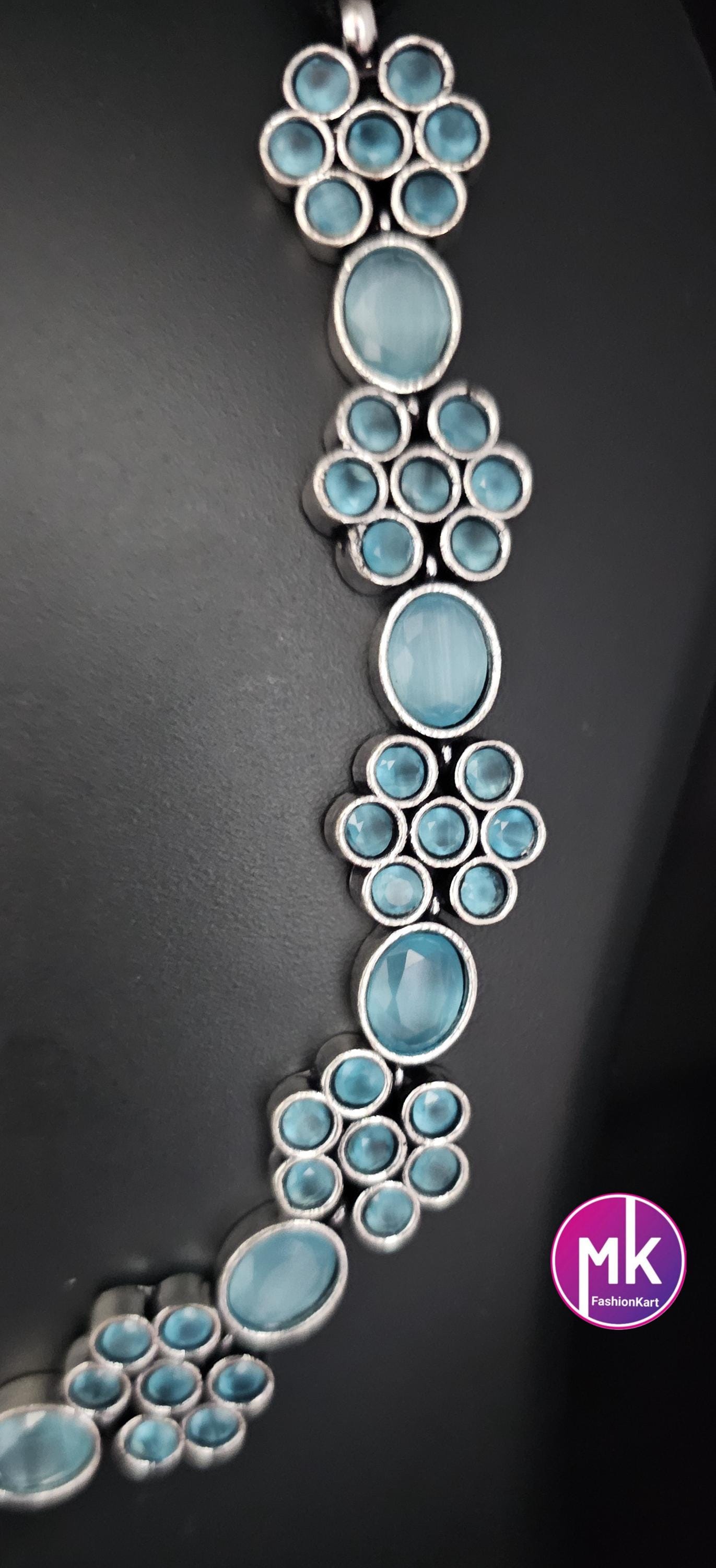Oxidized Silver blue stone flower design Necklace with matching cute Jhumki - Adult cum Teen Necklace - MK Fashionkart - Fashion Jewelry
