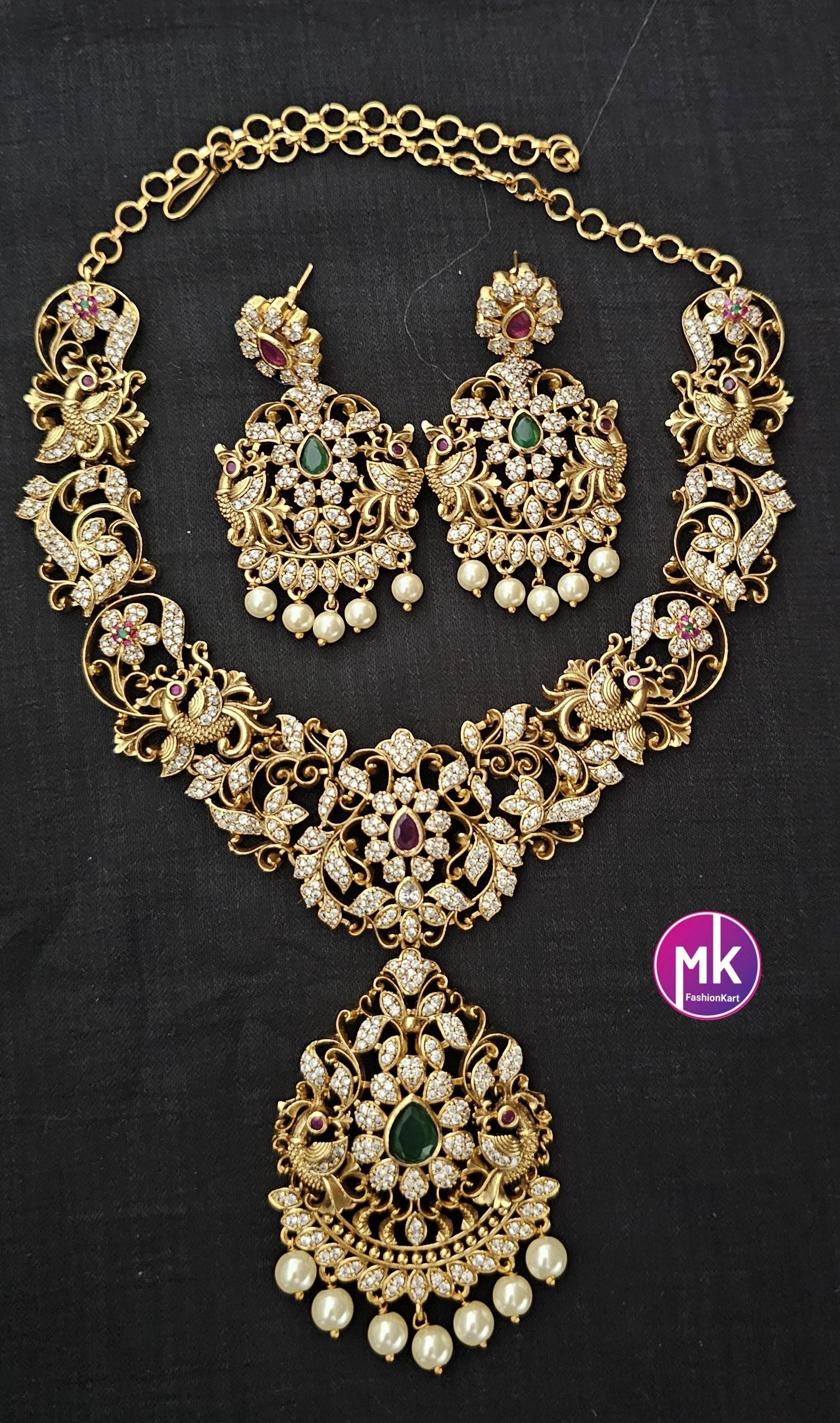 Peacock design Premium Quality Matte gold finish Kemp stone Necklace with pendent and matching Big Earrings - Bridal Jewelry - MK Fashionkart