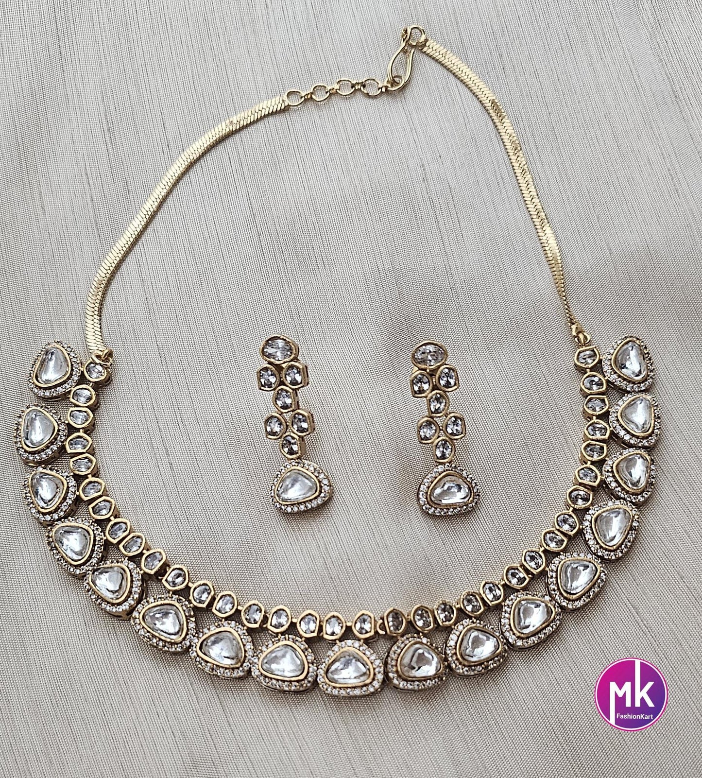 Celebrity Style Premium Quality Moissanite stone with CZ stones Necklace and Beautiful matching Earrings - Bridal Jewelry - MK Fashionkart