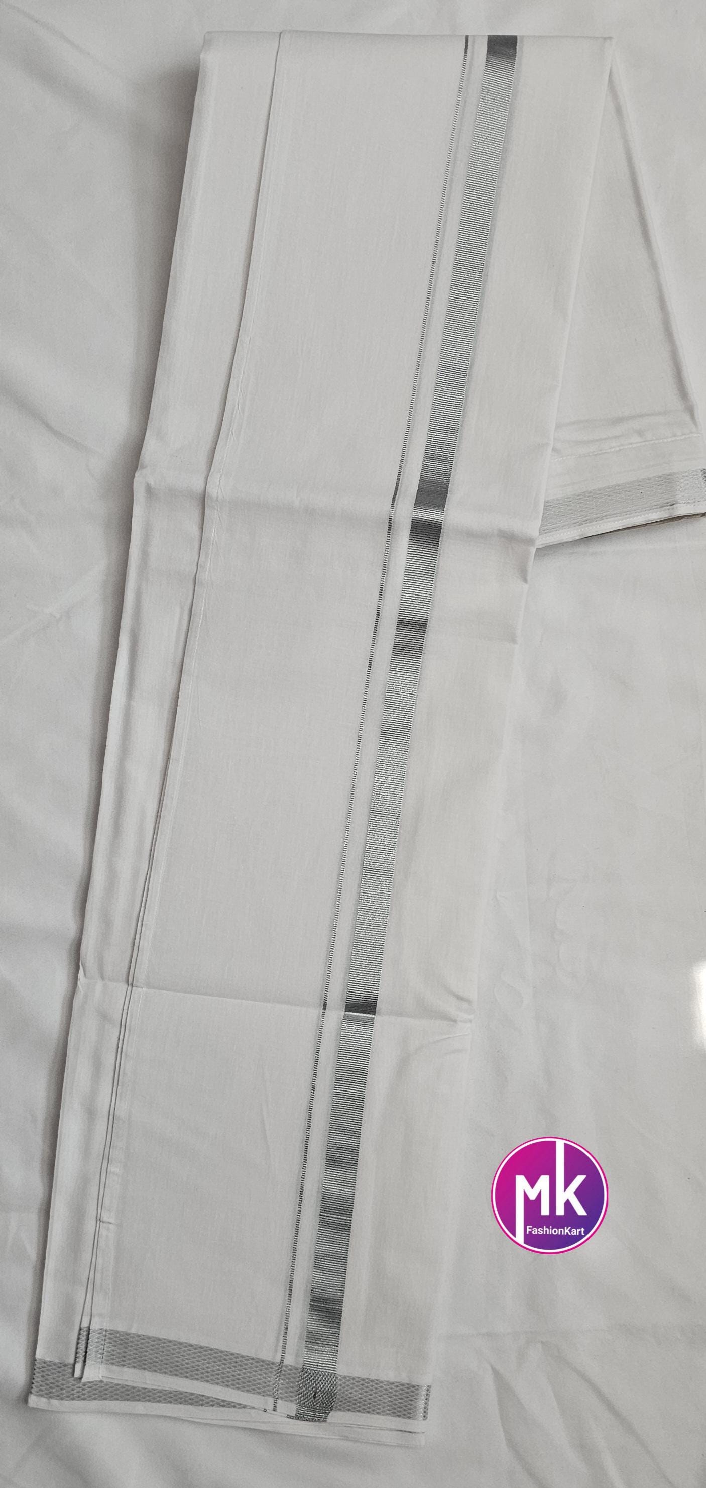Men's Silk Cotton Dhothi or Vesti (with Fastner) - Adult and Teenager Dhothi silver Jari - size adjustable - 24/26, 28/30, 32/34, 36/38