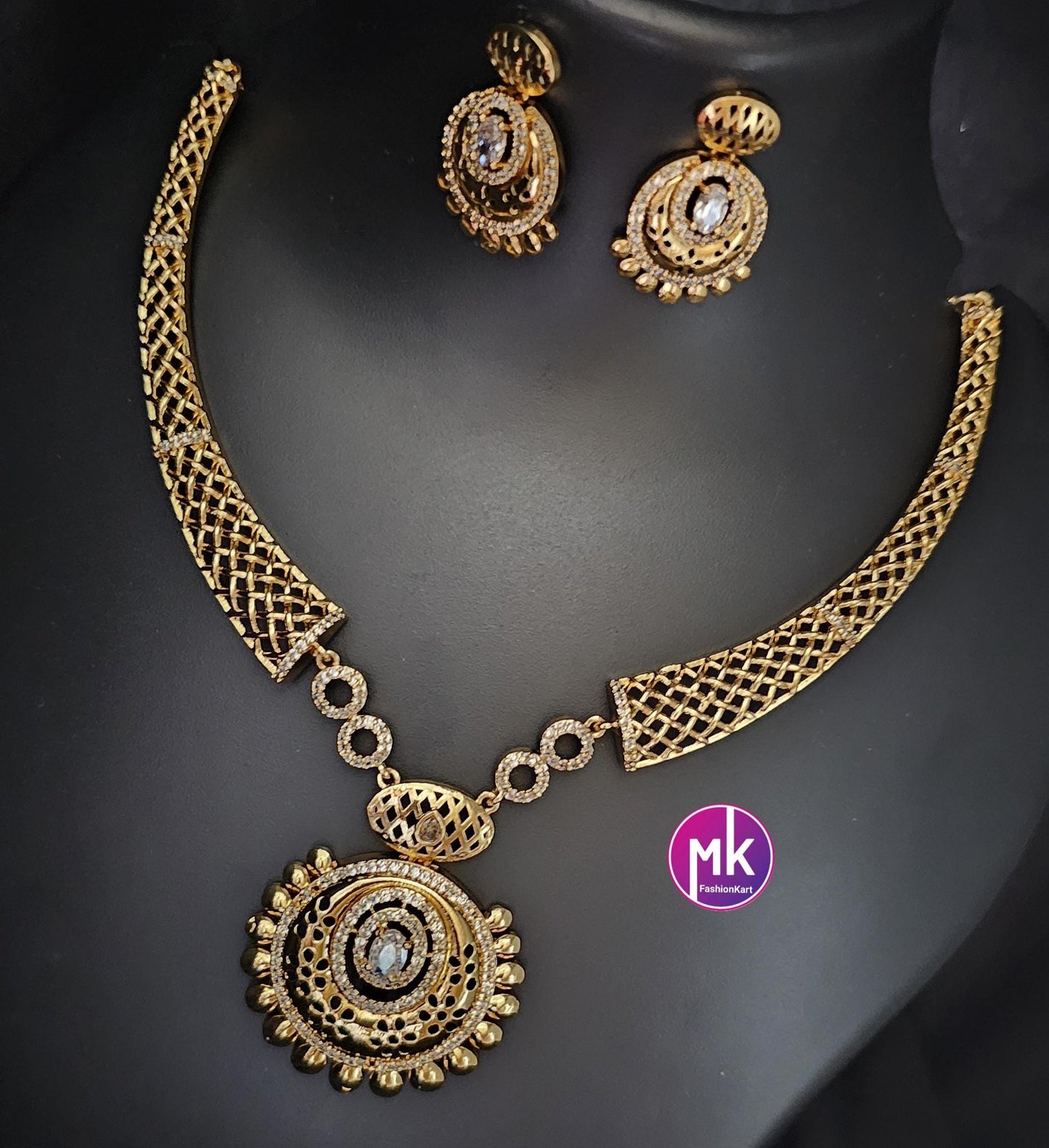 American Diamond Celebrity Style Premium polish Gold finish Necklace with matching Earrings - Adult cum Teen - MK Fashionkart