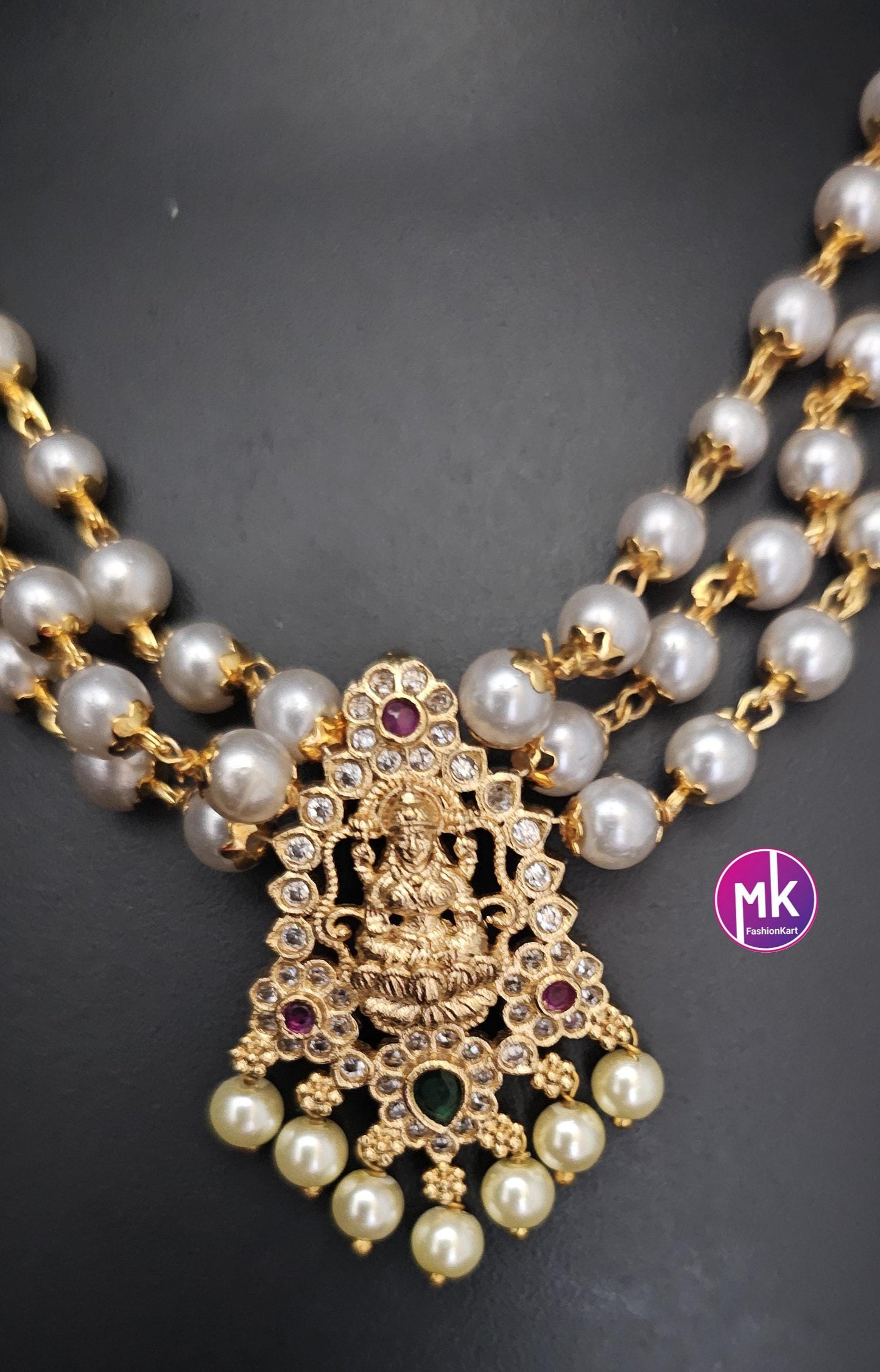Lakshmi Premium Quality gold finish pearl Choker with matching Lakshmi Earrings - Fashion Jewelry - MK Fashionkart
