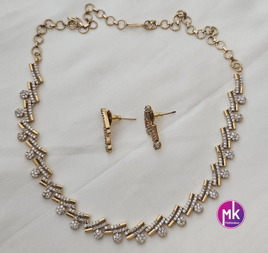 American Diamond Premium polish Gold finish Necklace with matching Earrings - Adult cum Teen Necklace - MK Fashionkart - Fashion Jewelry