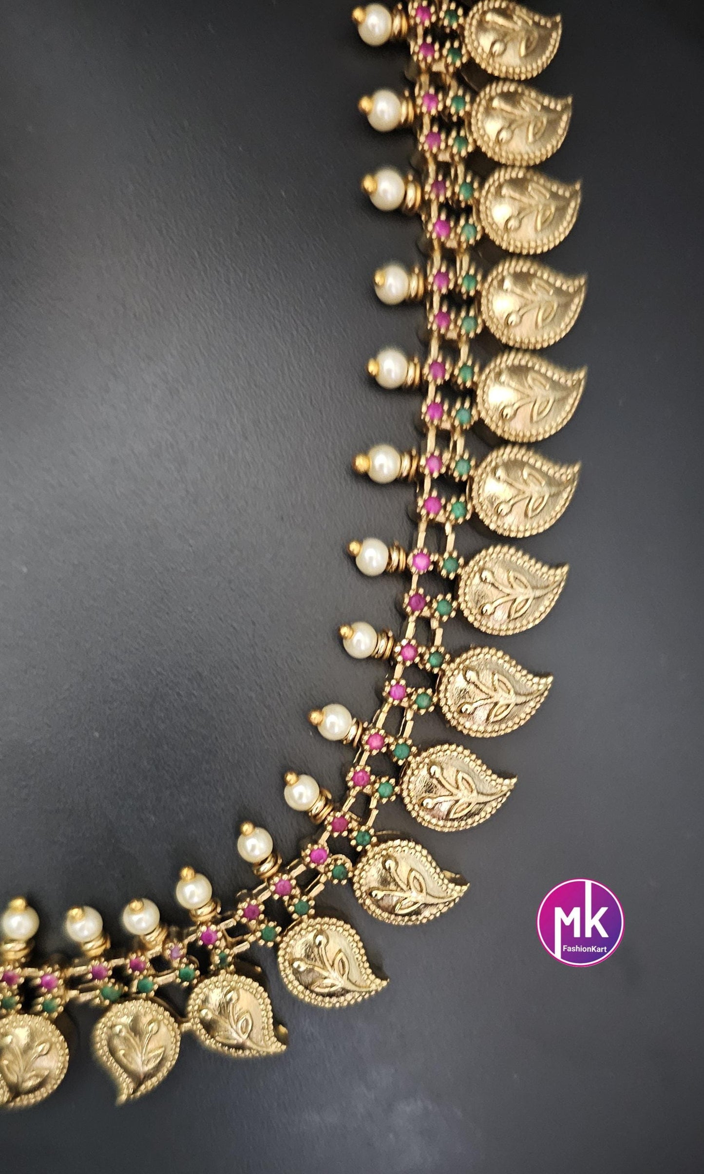 Mango design matte gold finish AD Stone with pearl Multi-color Necklace w matching Earrings - Adult cum Teen - Gold Replica - MK Fashionkart