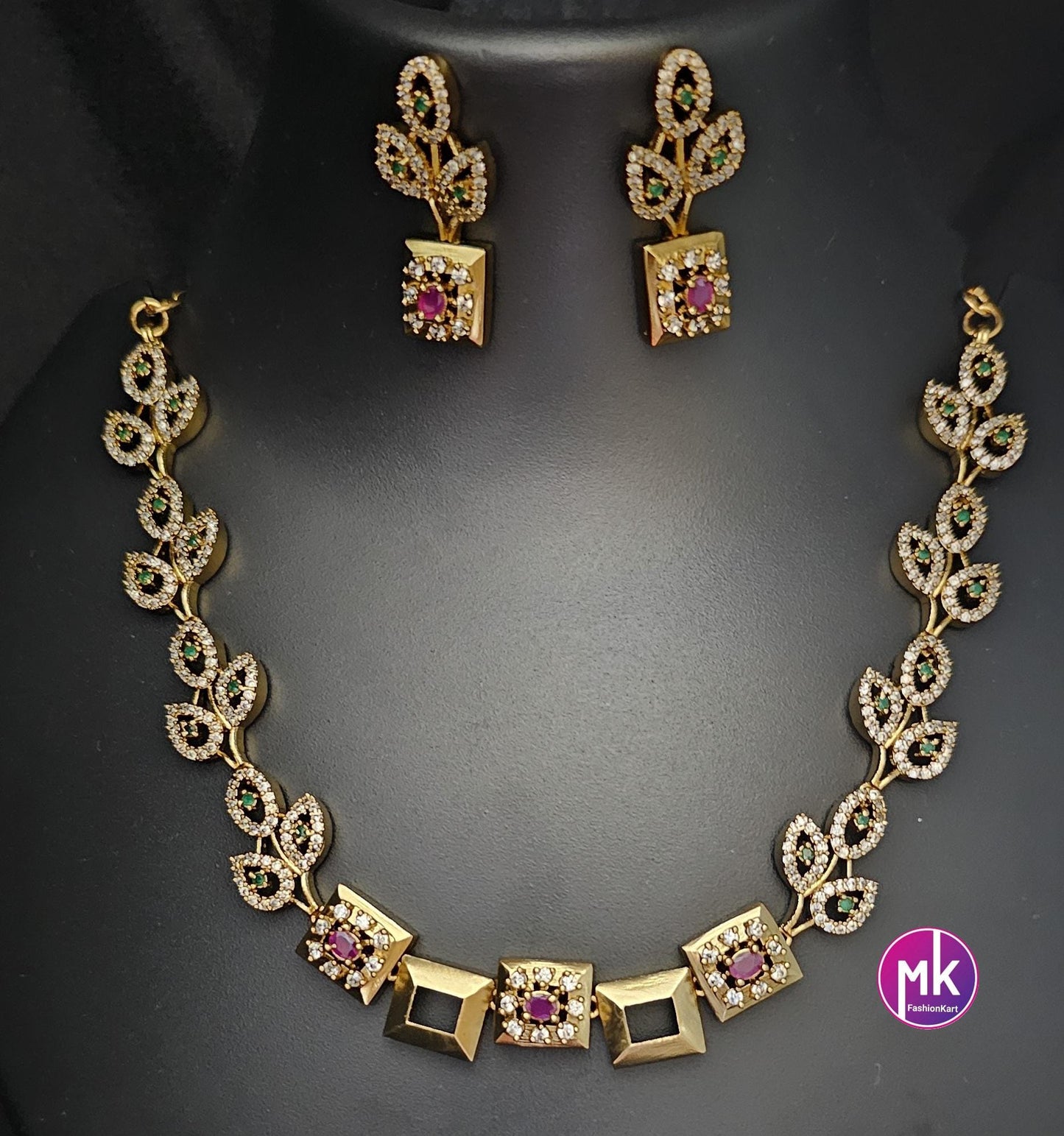 Leaf design matte gold finish Necklace with matching Earrings - Adult cum Teen Necklace - MK Fashionkart - Fashion Jewelry