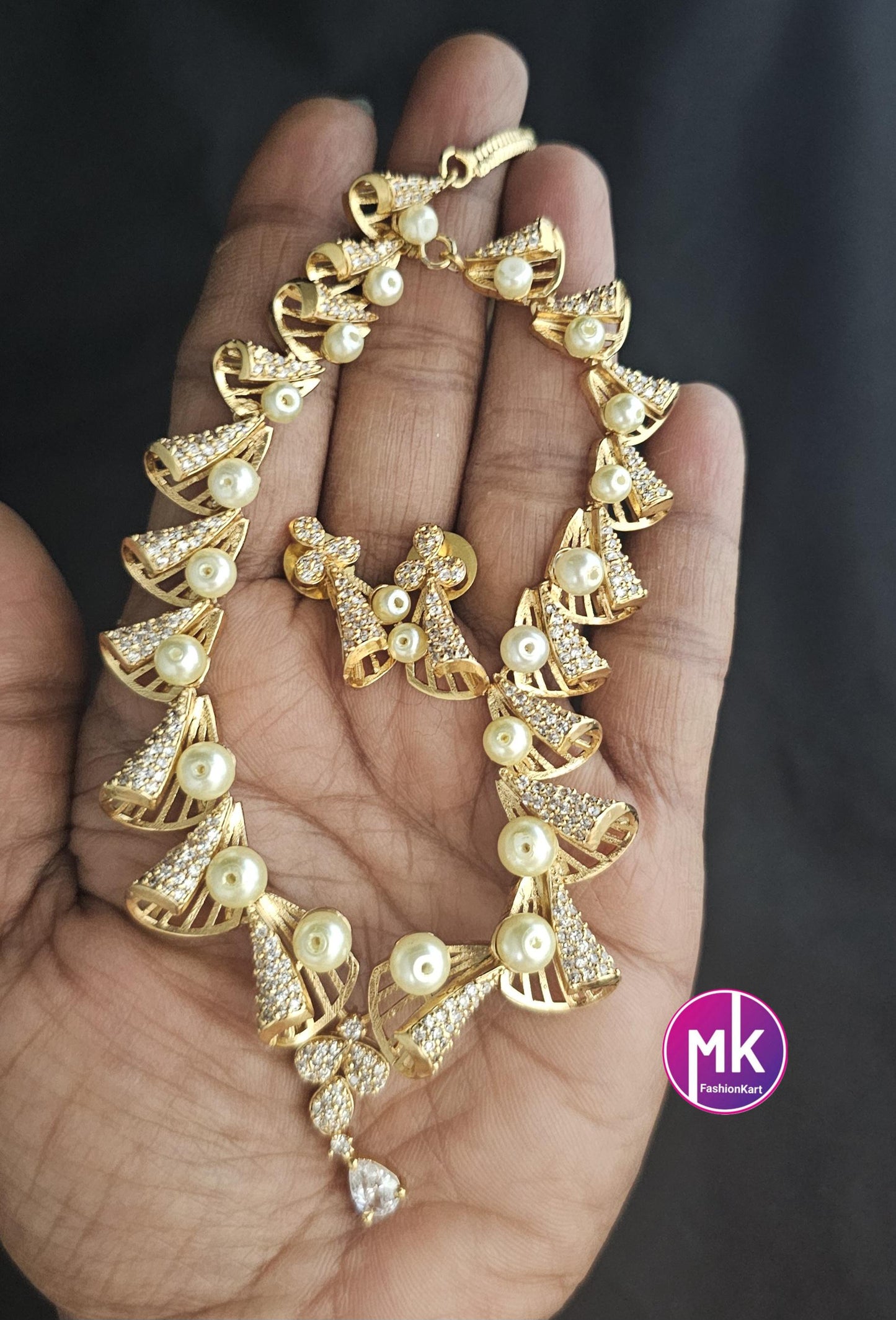 American Diamond Premium polish Gold finish Necklace with pearls and matching Earrings - Adult cum Teen Necklace - MK Fashionkart
