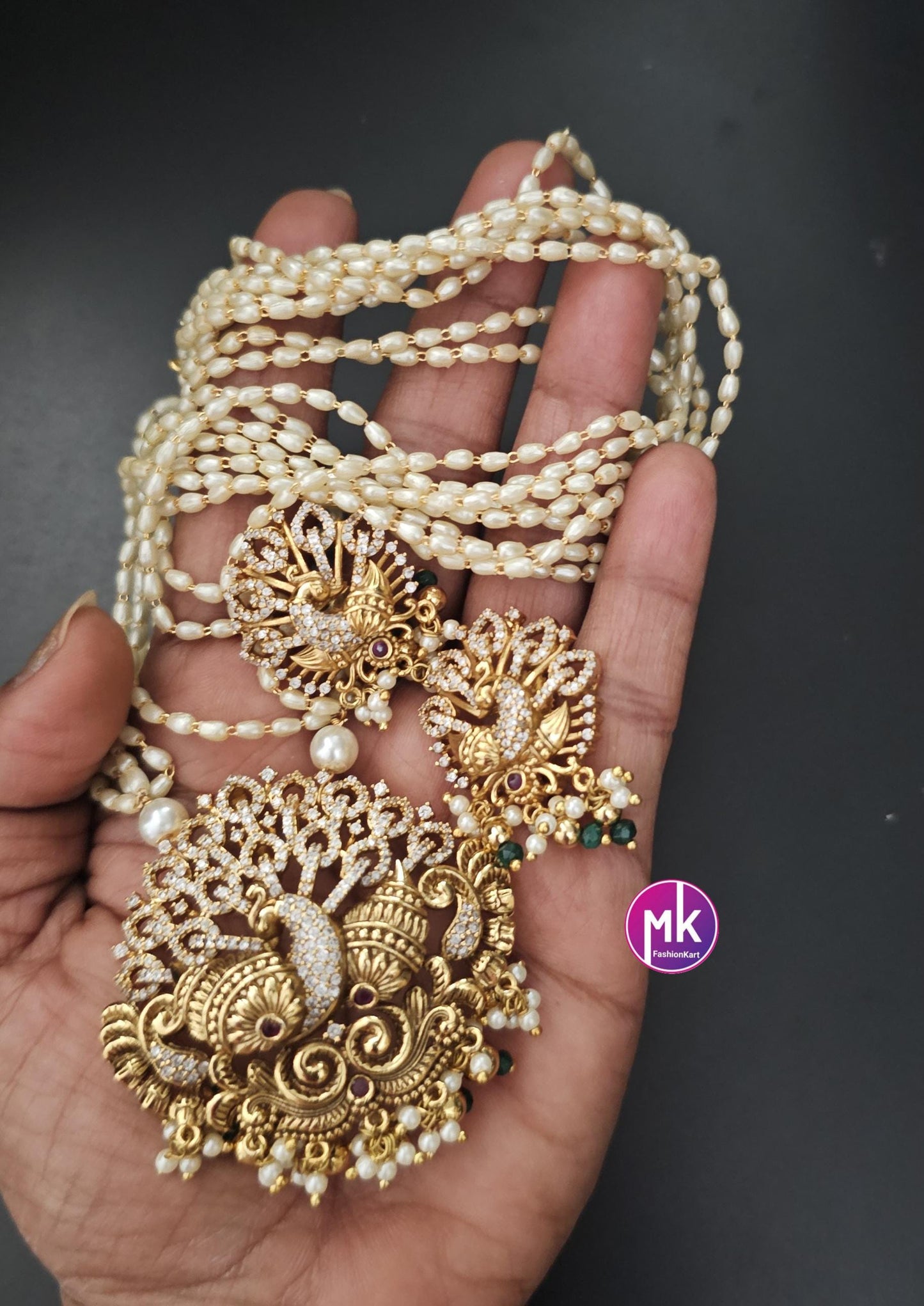 Peacock Matte gold finish CZ/AD stone long Mala with rice pearls and matching beautiful Earrings - Peacock mala - MK Fashionkart