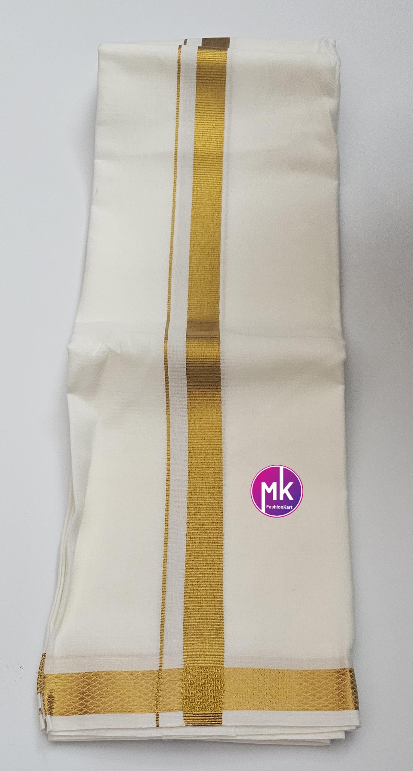 Traditional wedding Indian Men's Cotton Shirt and Silk Cotton Dhothi/Vesti (with Pocket) with Towel and Cotton Kerchief - Shirt 40/42cm Size