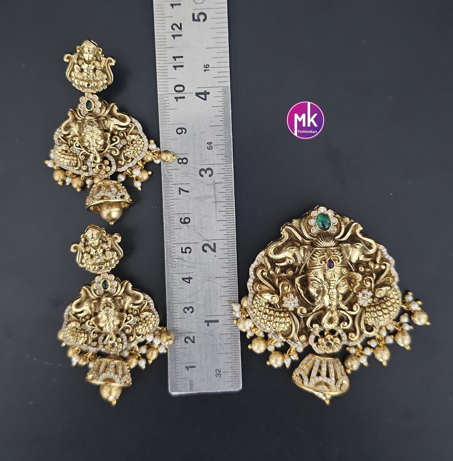 Big Pendent Set - Ganesa Lakshmi CZ stone Premium quality Matte gold finish Pendent with beautiful Earrings - MK Fashionkart