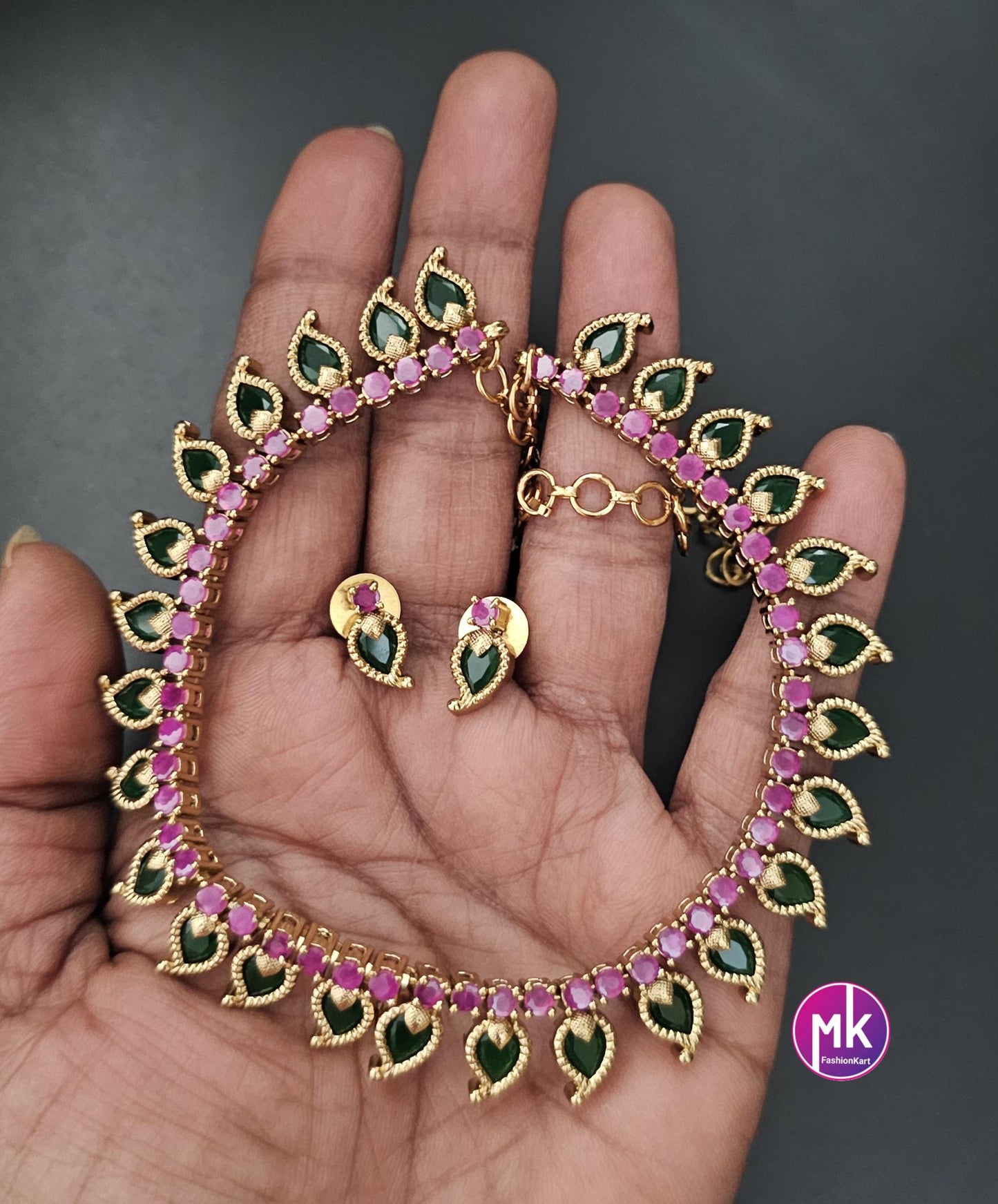 Traditional Kerala style Matte gold finish Necklace with and matching cute Earrings - Adult cum Teen Necklace - MK Fashionkart
