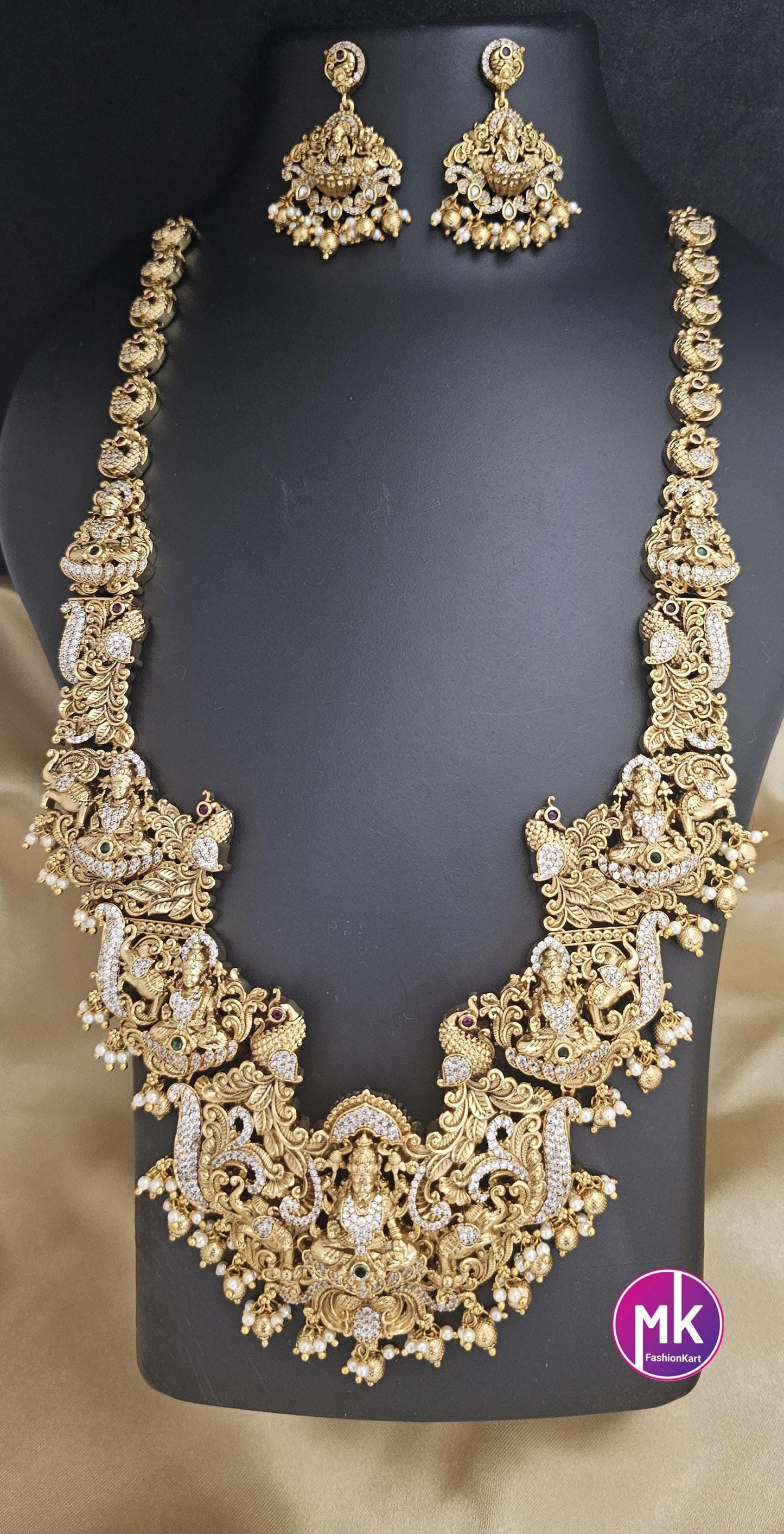 Celebrity Style Nakshi Design CZ/AD Heavy Big Bridal Temple Haram w Big Earring - Bridal Temple Jewelry Haram - MK Fashionkart