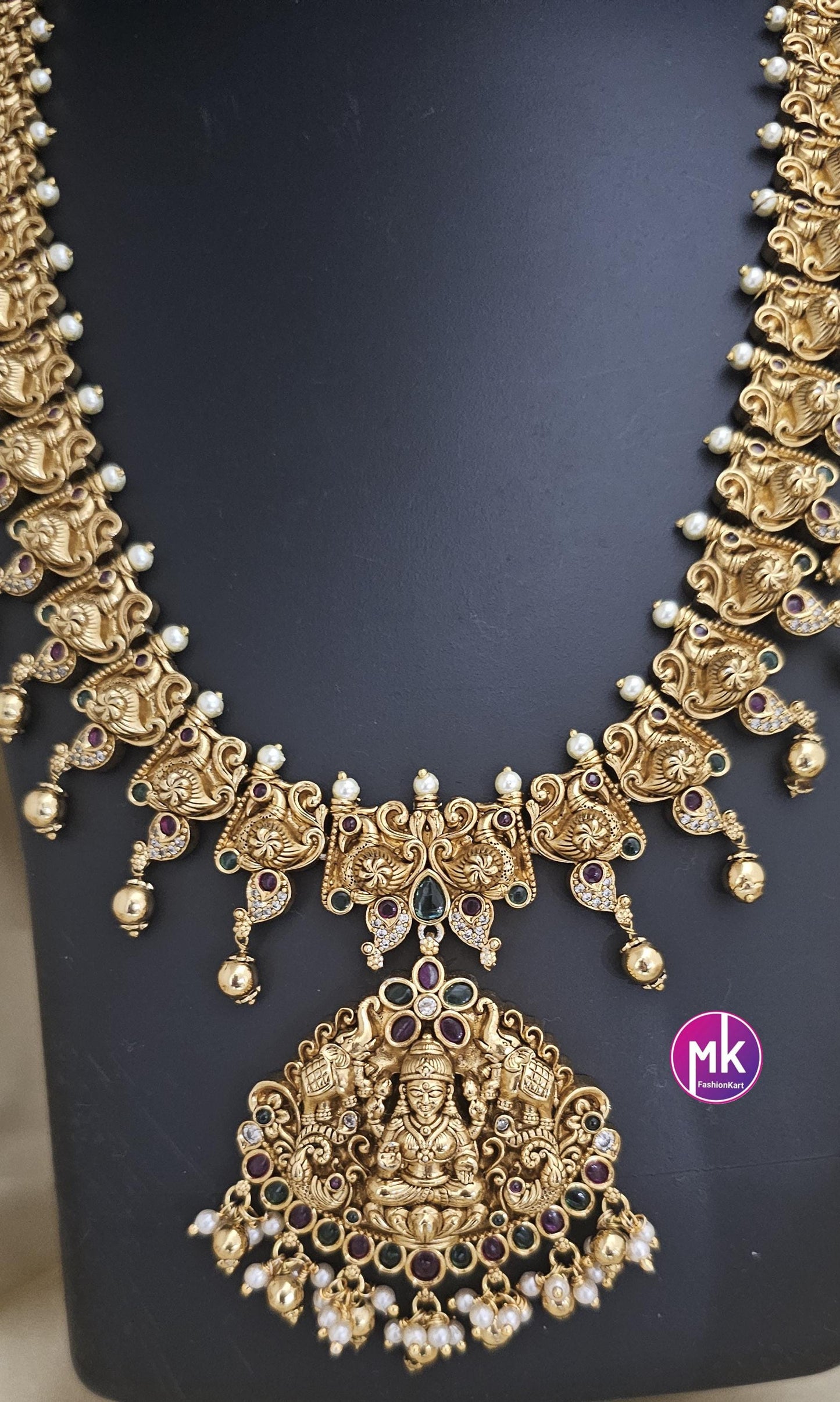 Celebrity Style Temple Jewelry Premium Lakshmi CZ/AD Heavy Big Bridal Haram w Big Earring - Bridal Temple Jewelry Haram - MK Fashionkart