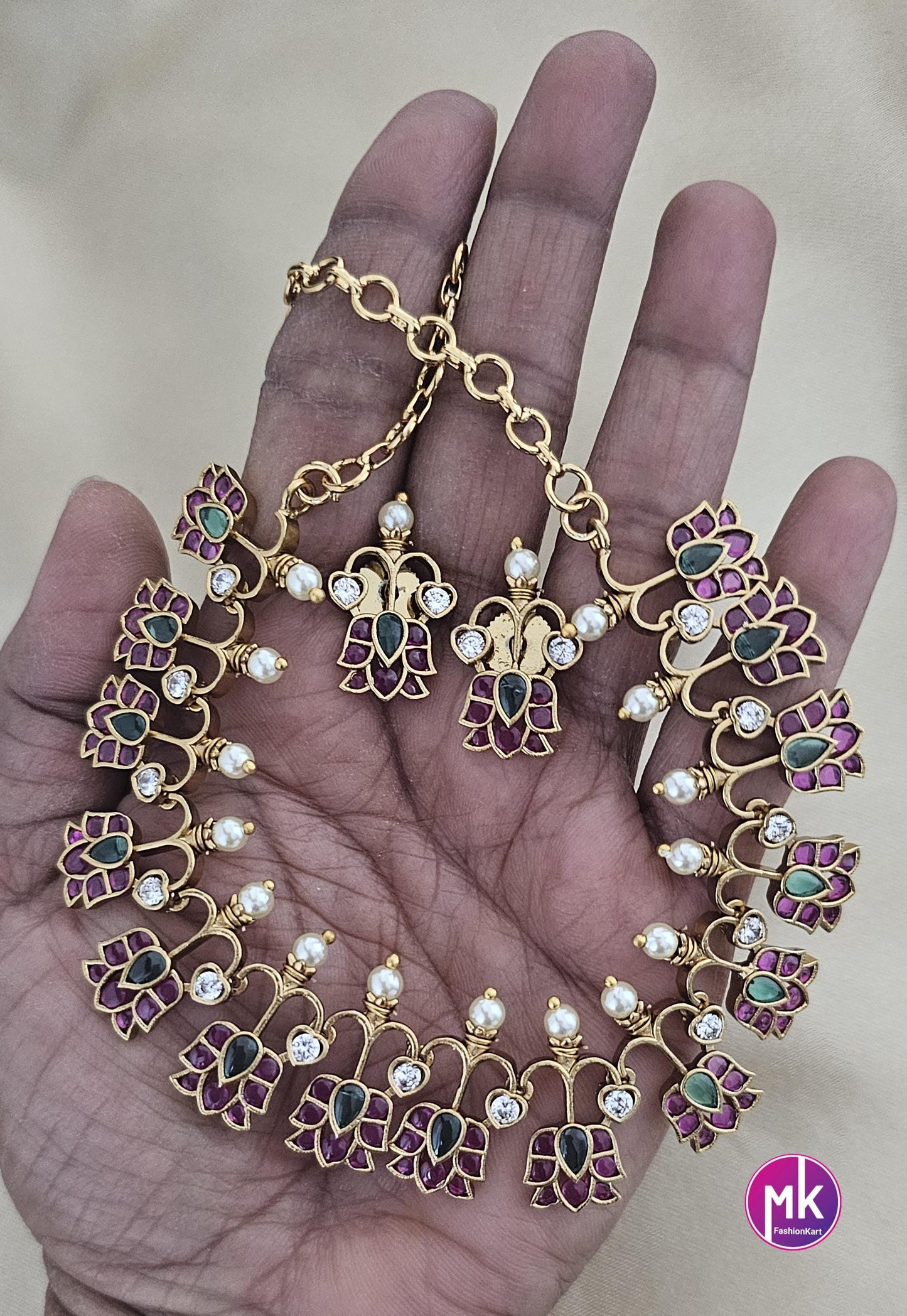 Beautiful Lotus design premium quality Kemp stone Necklace with matching Earrings - Adult cum Teen Necklace - MK Fashionkart