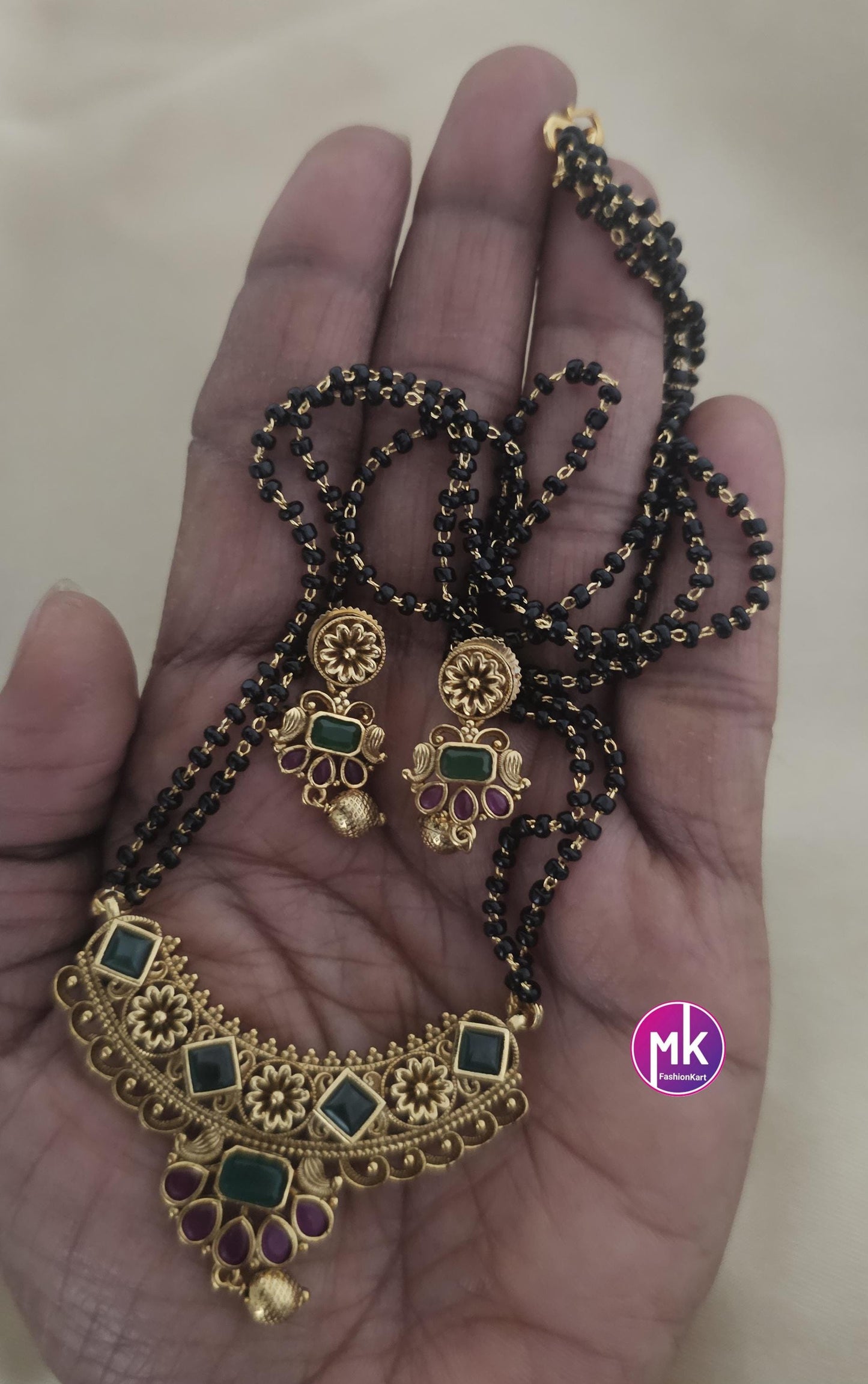 Premium quality AD Stone Matte Gold finish Mangalsutra Chain with matching Earrings - MK Fashionkart - Fashion Jewelry