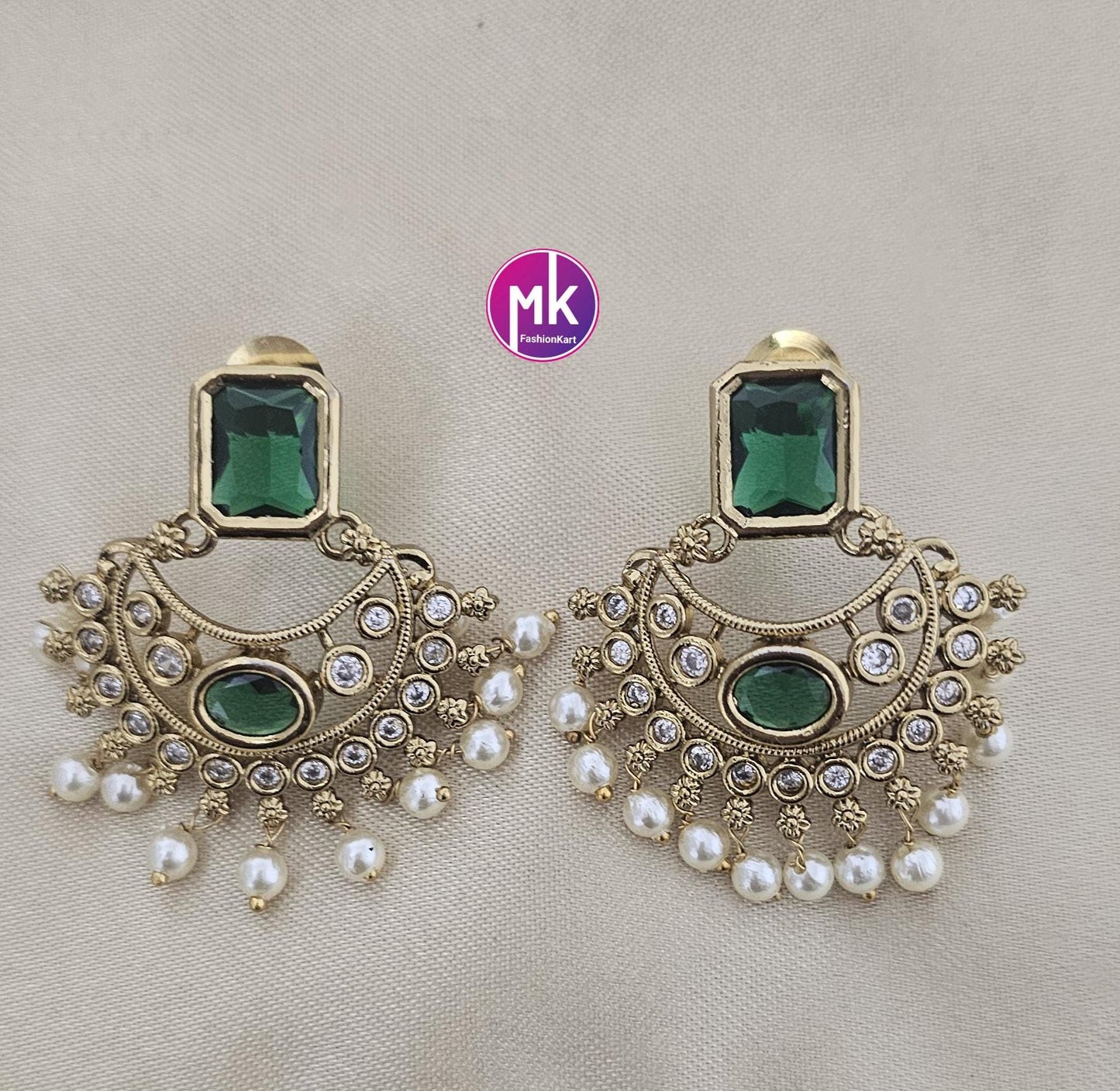 Premium quality Gold finish Emerald and AD stones Necklace with Earrings - MK Fashionkart - Fashion Jewelry