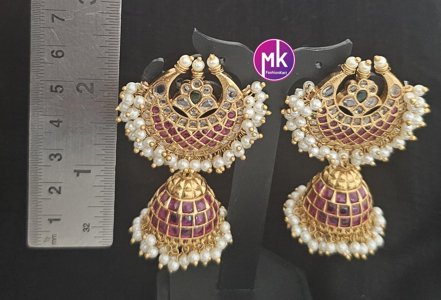 Kemp Stone Premium Quality premium polish (very) Big chandbali Jhumka with pearl hanging - MK Fashionkart - Fashion Jewelry - MK Fashionkart