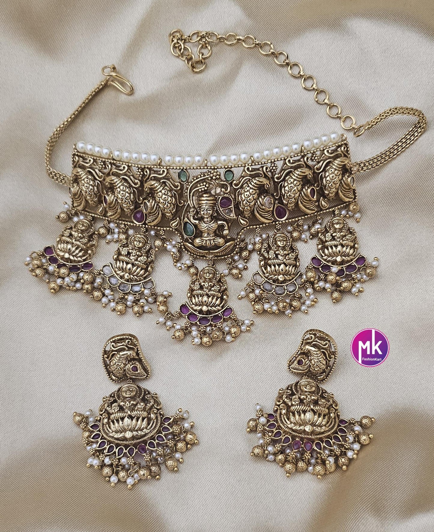 Celebrity Style Nakshi Design CZ/AD Heavy Big Bridal Temple Choker w Big Earring - Bridal Temple Jewelry Choker - MK Fashionkart