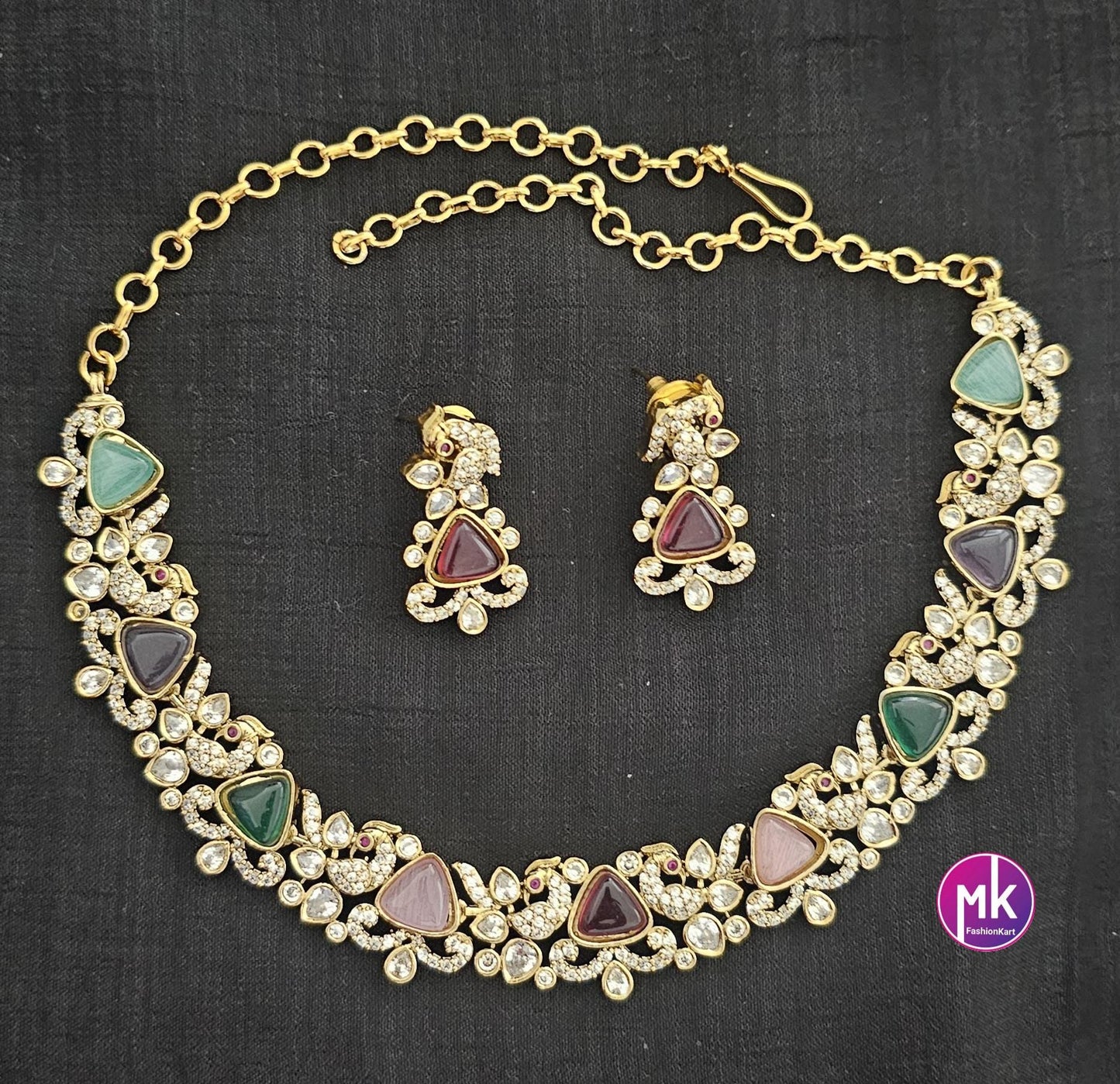 Peacock design Premium quality Multi-color AD/CZ stone Necklace with Earrings - Fashion Jewelry - MK Fashionkart