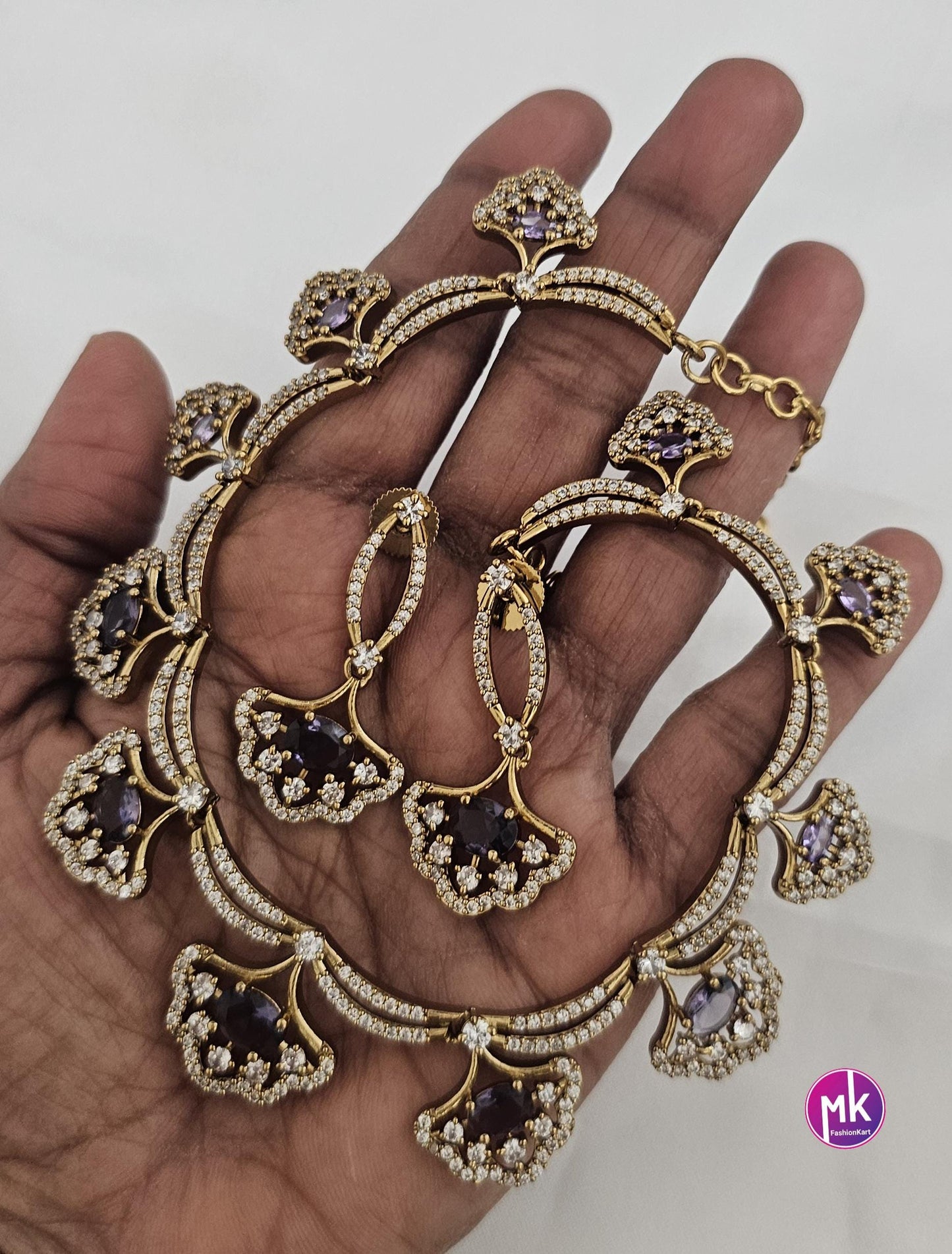 Flower design AD stone purple stone necklace with matching Earrings - Adult cum Teen Necklace - Fashion Jewelry - MK Fashionkart