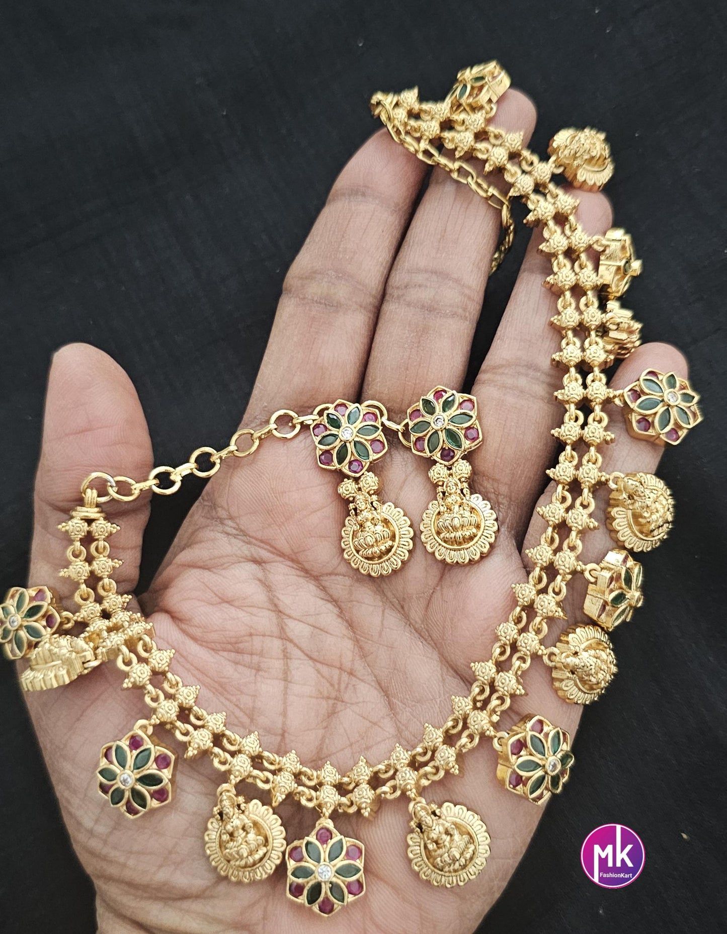 Lakshmi flower design Premium Quality Matte gold finish AD stone Necklace matching Earrings - Fashion Jewelry - MK Fashionkart