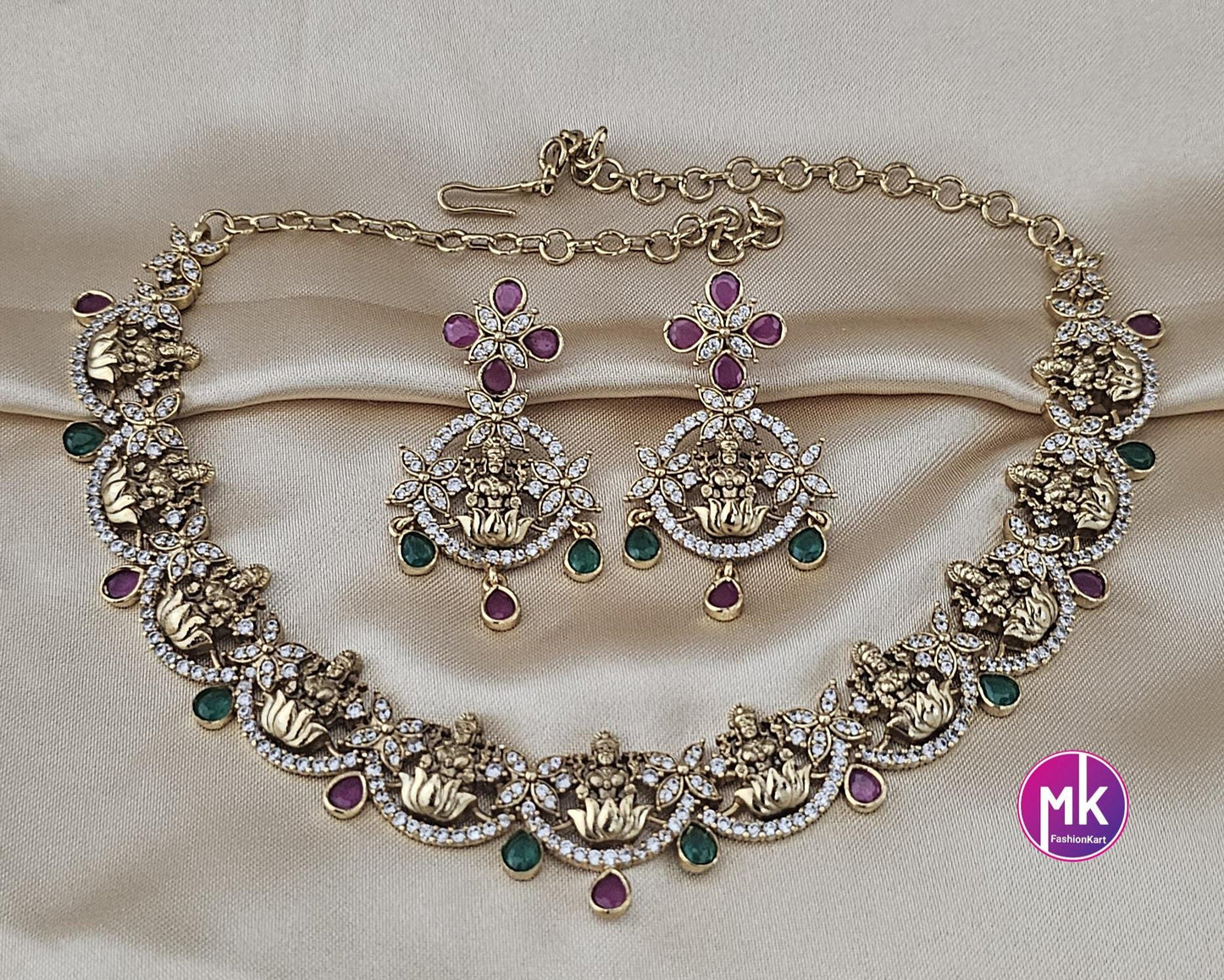 Lakshmi design Premium Quality Matte gold finish AD stone Necklace matching Earrings - Fashion Jewelry - Bridal Necklace - MK Fashionkart