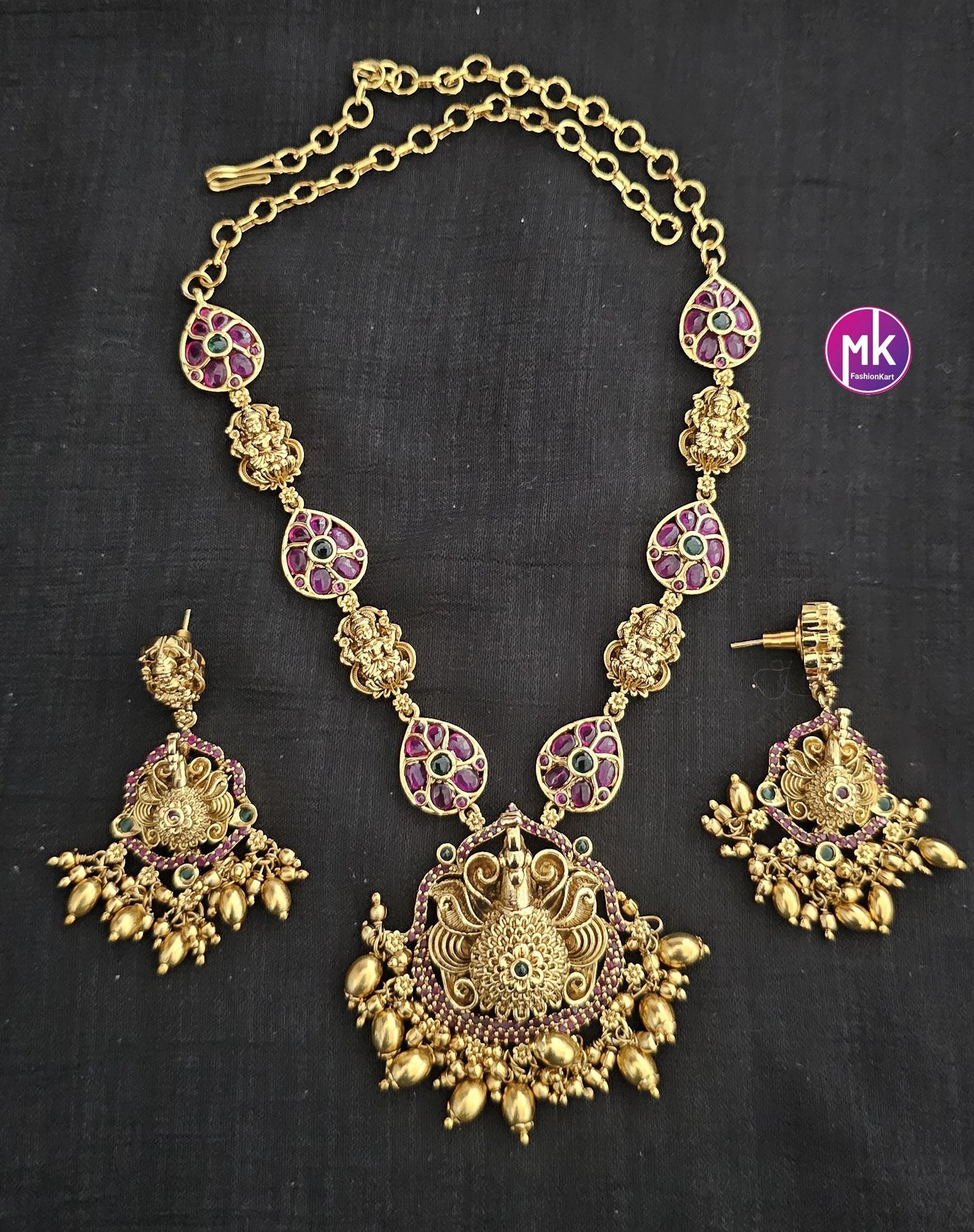Peacock design matt gold finish Jadau kundan Stone w gold bead hangings Necklace w matching Earrings - Gold Jewelry Replica - MK Fashionkart