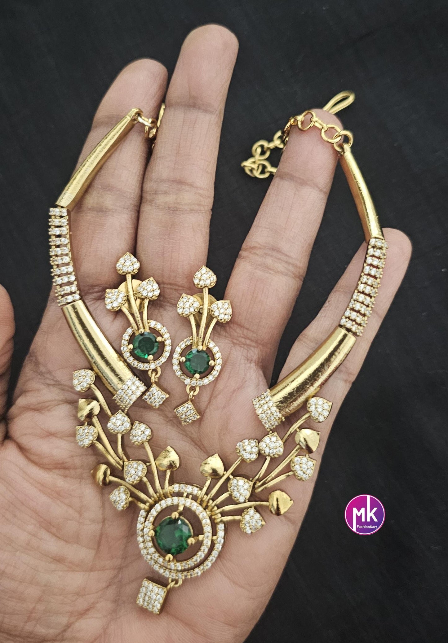 Flower design Hasli AD stone necklace with matching Earrings - Fashion Jewelry - Mk Fashionkart