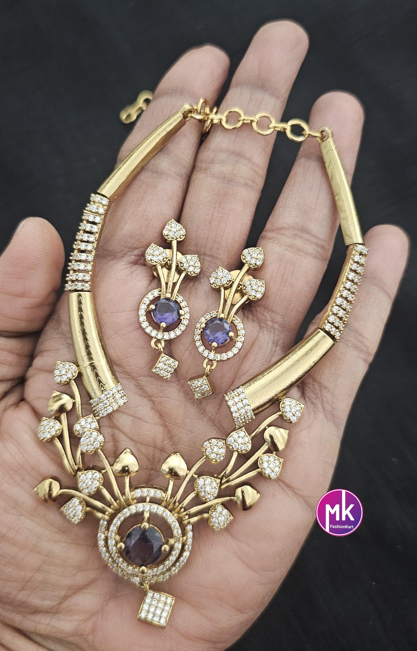 Flower design Hasli AD stone purple necklace with matching Earrings - Fashion Jewelry - Mk Fashionkart