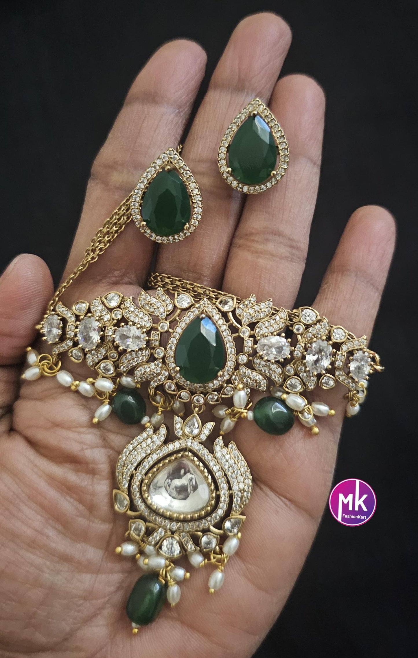 Premium quality Gold finish Emerald and CZ stones Choker cum Necklace with Earrings - MK Fashionkart - Fashion Jewelry