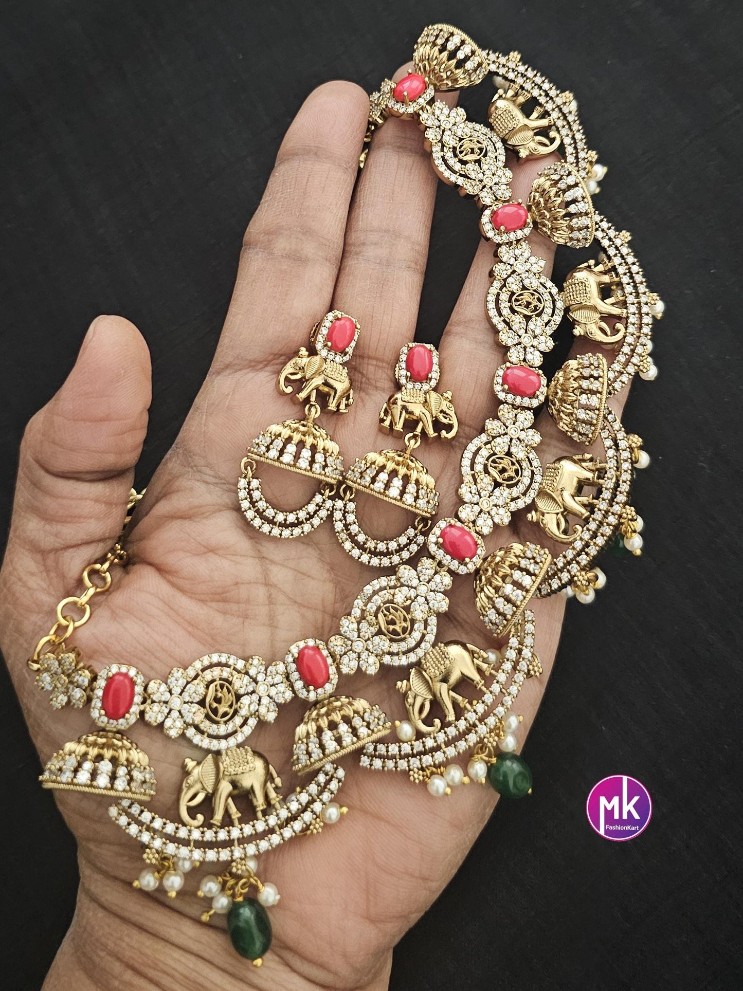 Elephant design Premium Quality Matte gold finish AD stone coral Necklace matching Earrings - Bridal Necklace - MK Fashionkart