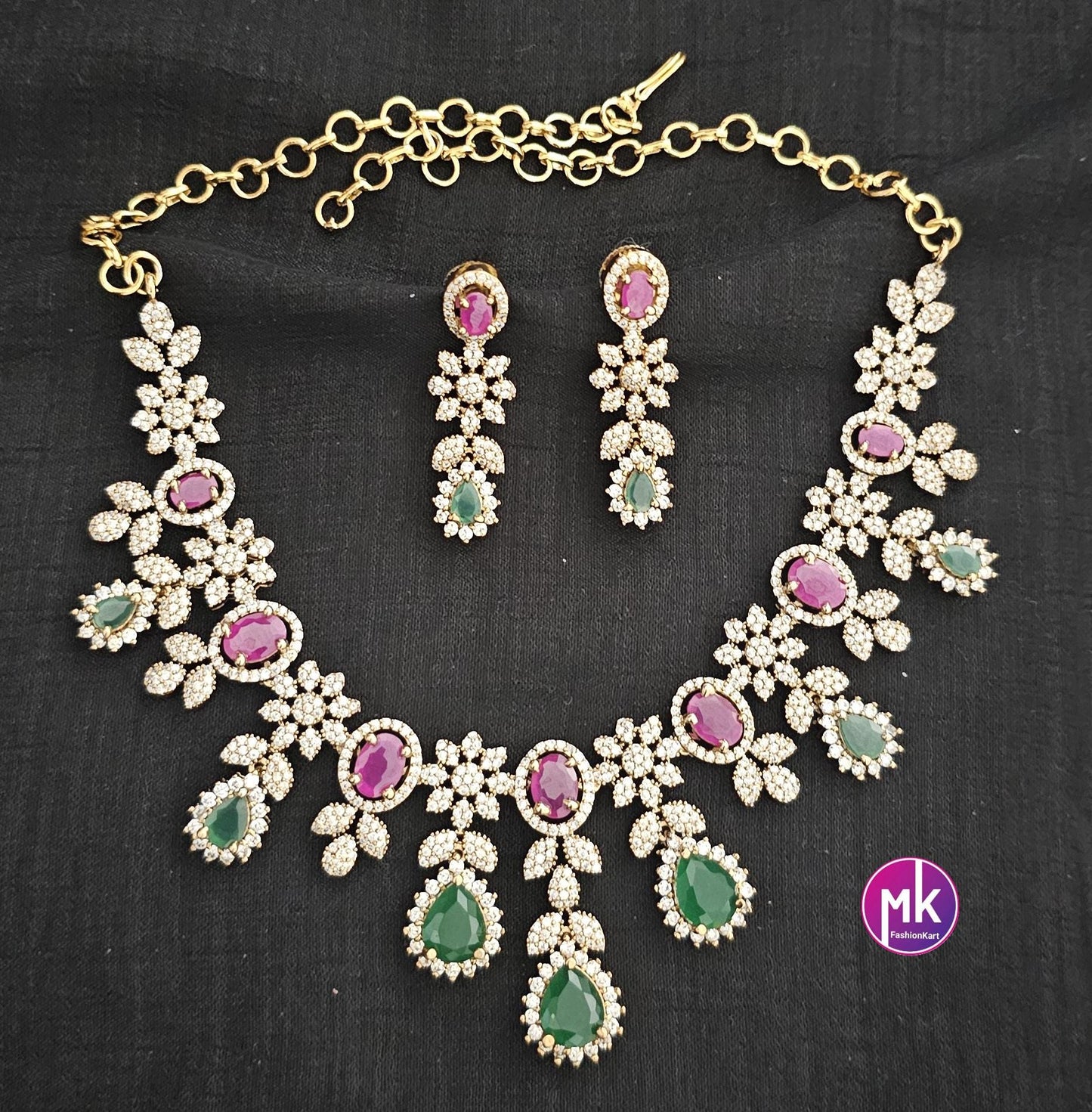 Beautiful Flower design AD stone Multi-color stone Bridal necklace with matching Earrings - Fashion Jewelry - MK Fashionkart