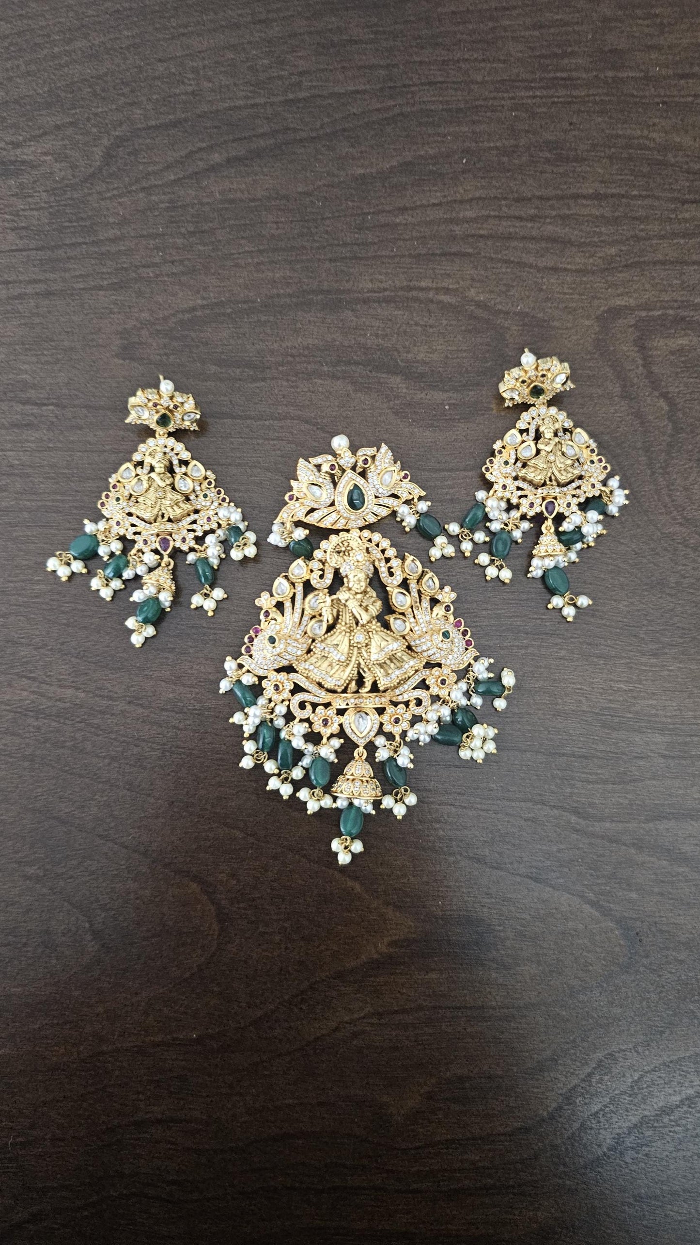 Krishna Big Pendent Set - AD and CZ stone Premium quality Matte gold finish Pendent w beautiful big Earrings - Bridal set - MK Fashionkart