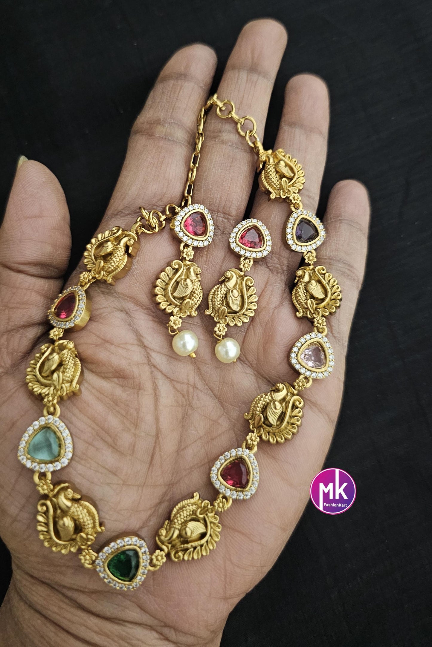 Peacock Design matte gold polish multi-color/Green stone Necklace with matching Earrings - Gold Jewelry Replica - MK Fashionkart