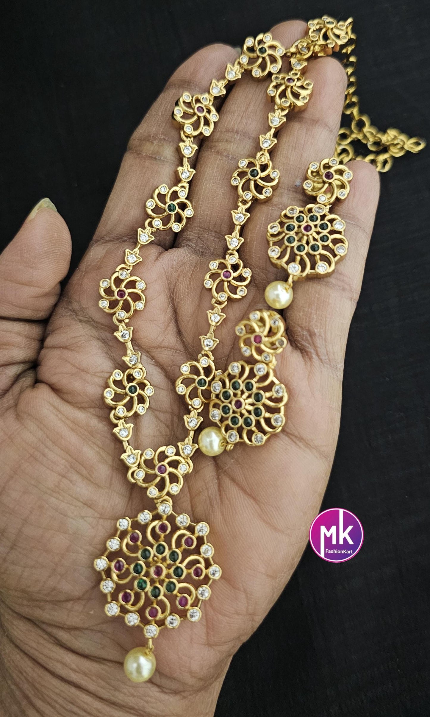 Premium quality Gold finish Flower design Multi-color AD stones Necklace with cute Earrings with pearl hangings - MK Fashionkart