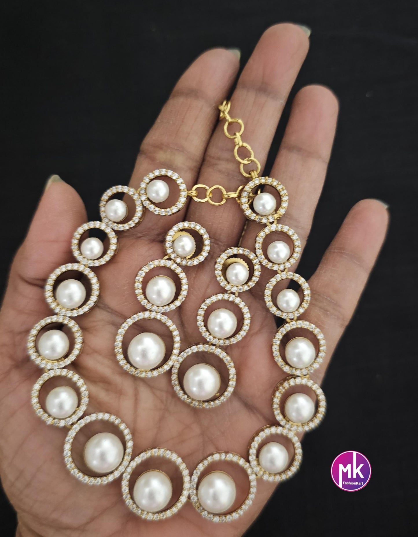 Celebrity Style Pearl with American Diamond Premium polish Gold finish Necklace w long matching Earrings - Bridal Necklace - MK Fashionkart