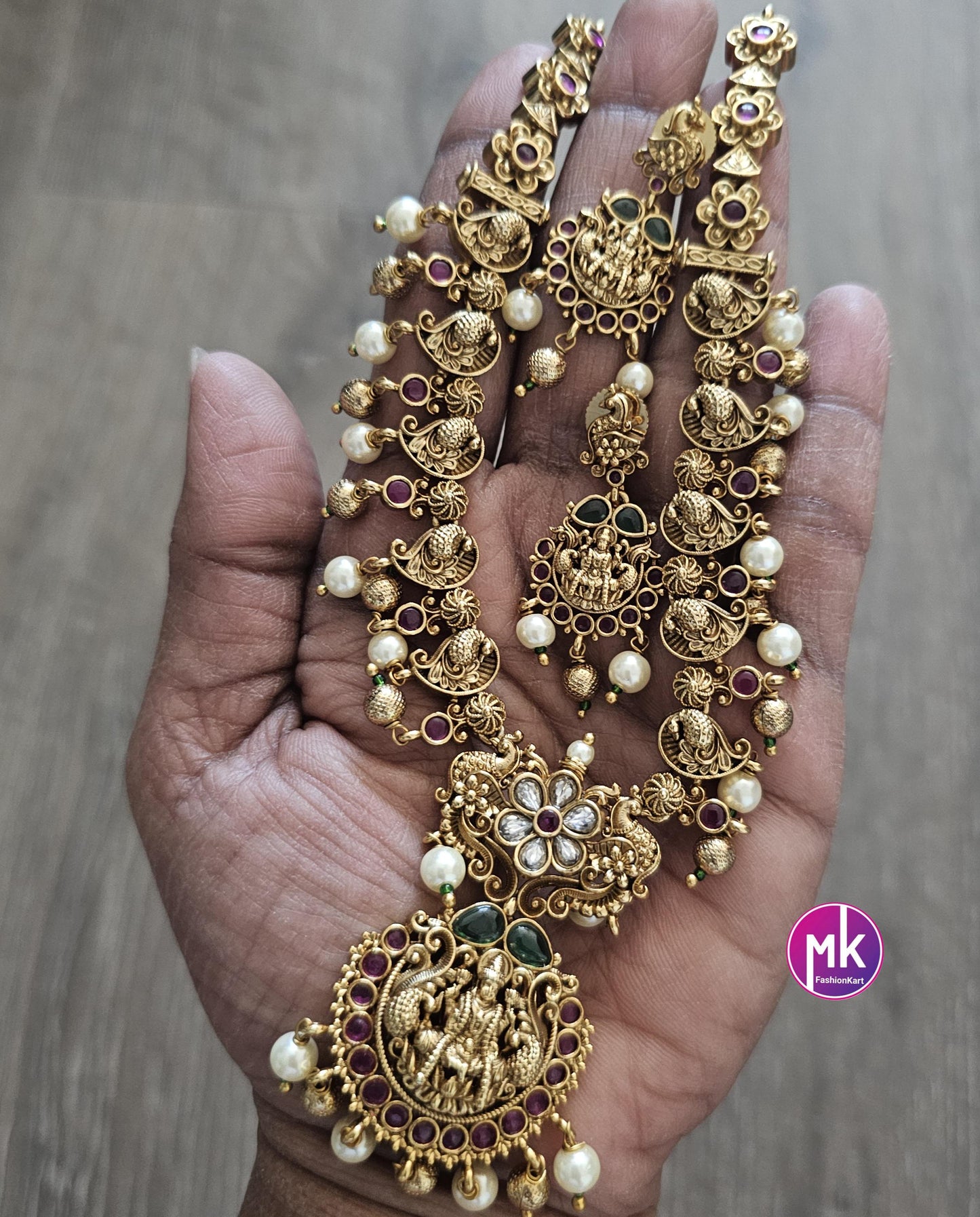 Lakshmi peacock design Premium Quality Matte gold finish Necklace w matching Earrings - Bridal Haram - Gold Jewelry Replica - MK Fashionkart