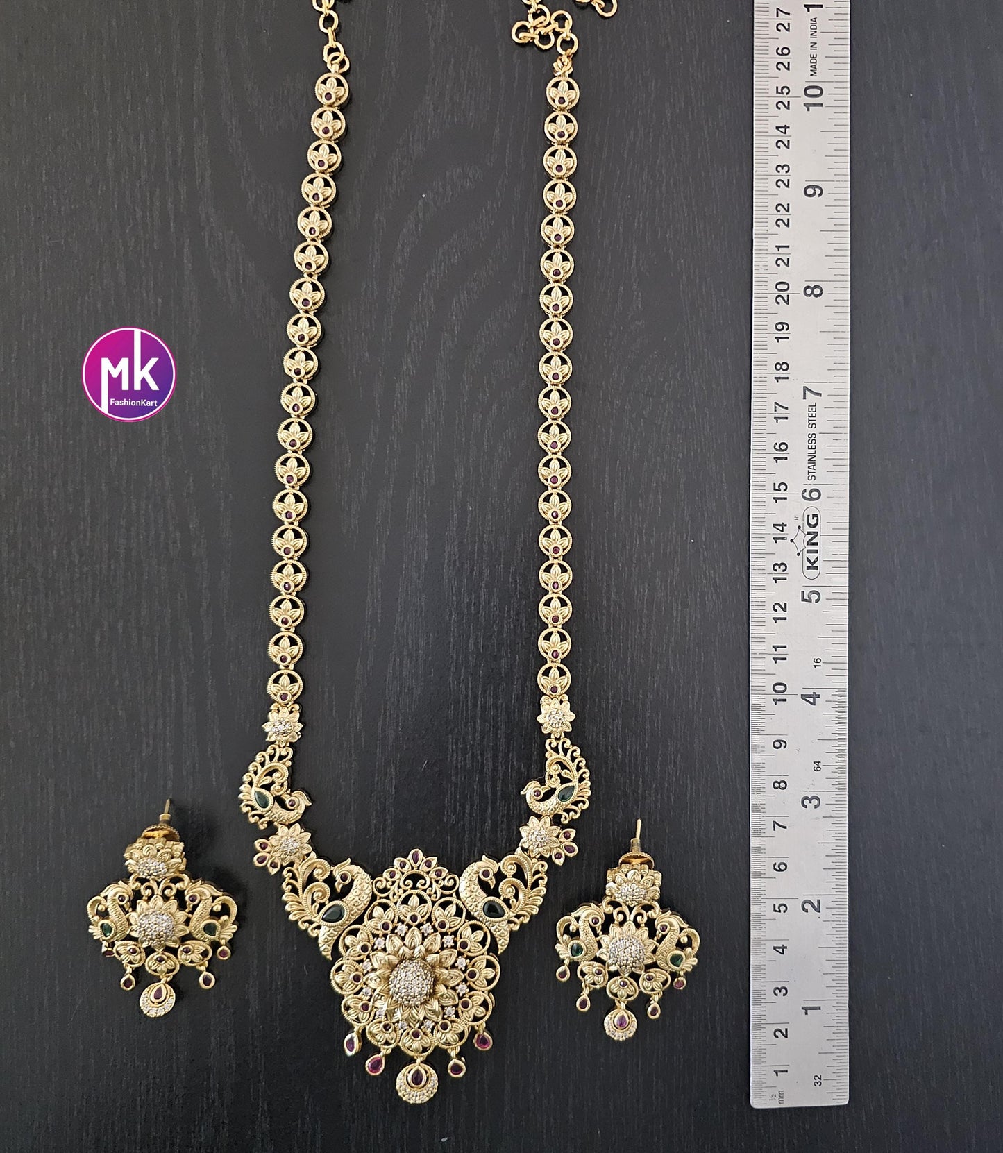 Flower peacock design Premium quality Gold Jewelry Replica Haram with big pendent with matching Big Earrings - Bridal Haram - MK Fashionkart