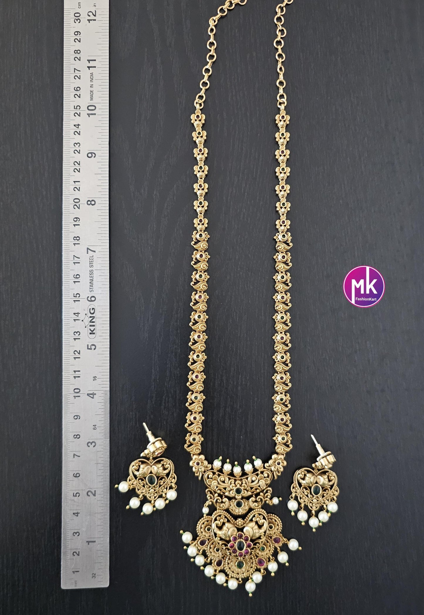 Elephant and Flower design Premium quality Gold Jewelry Replica Haram with pendent with matching Earrings - Bridal Haram - MK Fashionkart
