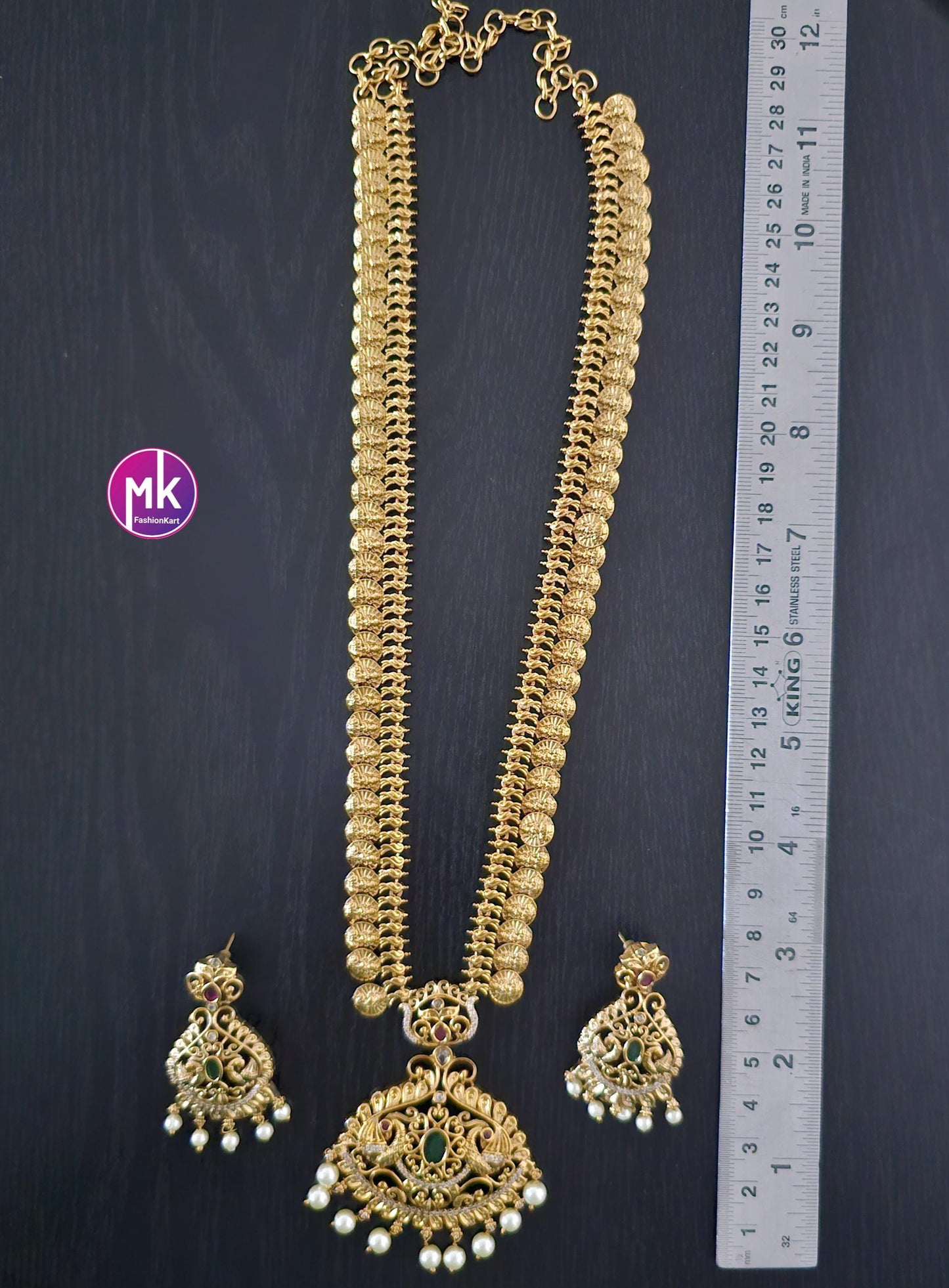 Lakshmi Kasu Premium quality AD/CZ stones Matte Gold finish Haram with matching Earrings - Gold Replica - Bridal Haram - MK Fashionkart