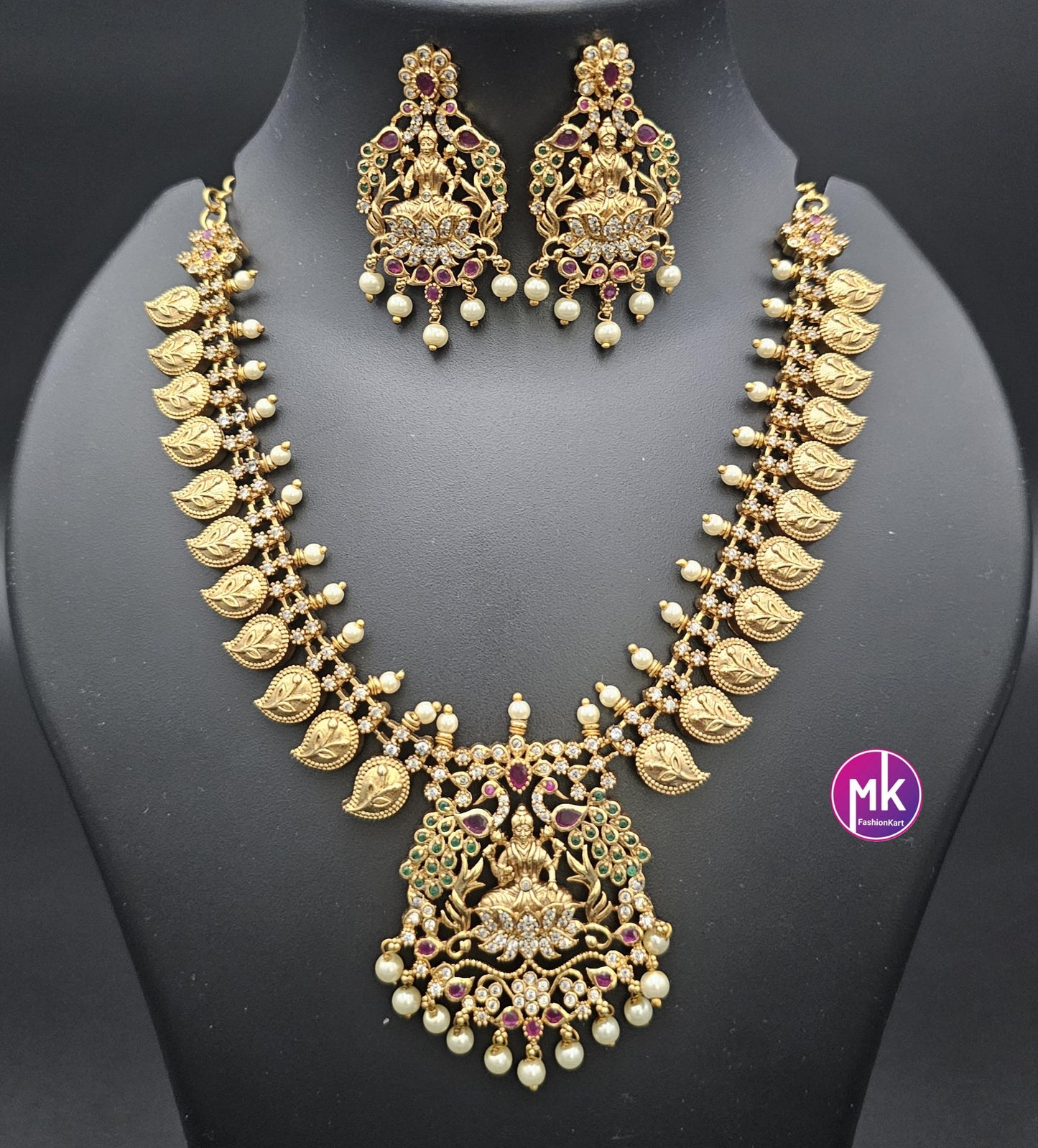 Premium Quality Lakshmi design Mango AD/CZ stone Necklace with matching Earrings - Bridal Necklace - Gold Jewelry Replica - MK Fashionkart