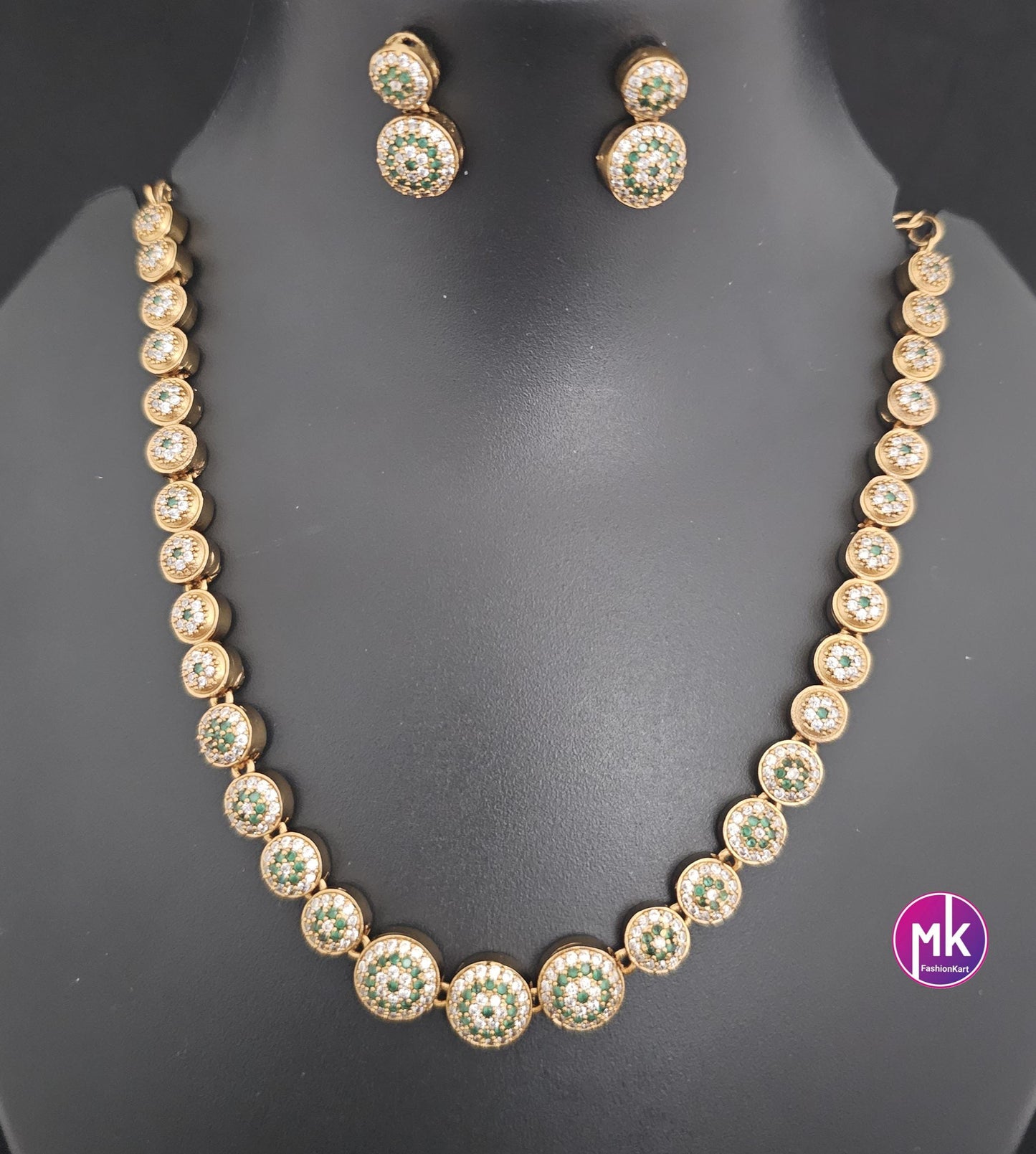 Flower design Matte gold finish AD stone necklace with matching Earrings - Stone Necklace for Adult cum Teen Necklace - MK Fashionkart