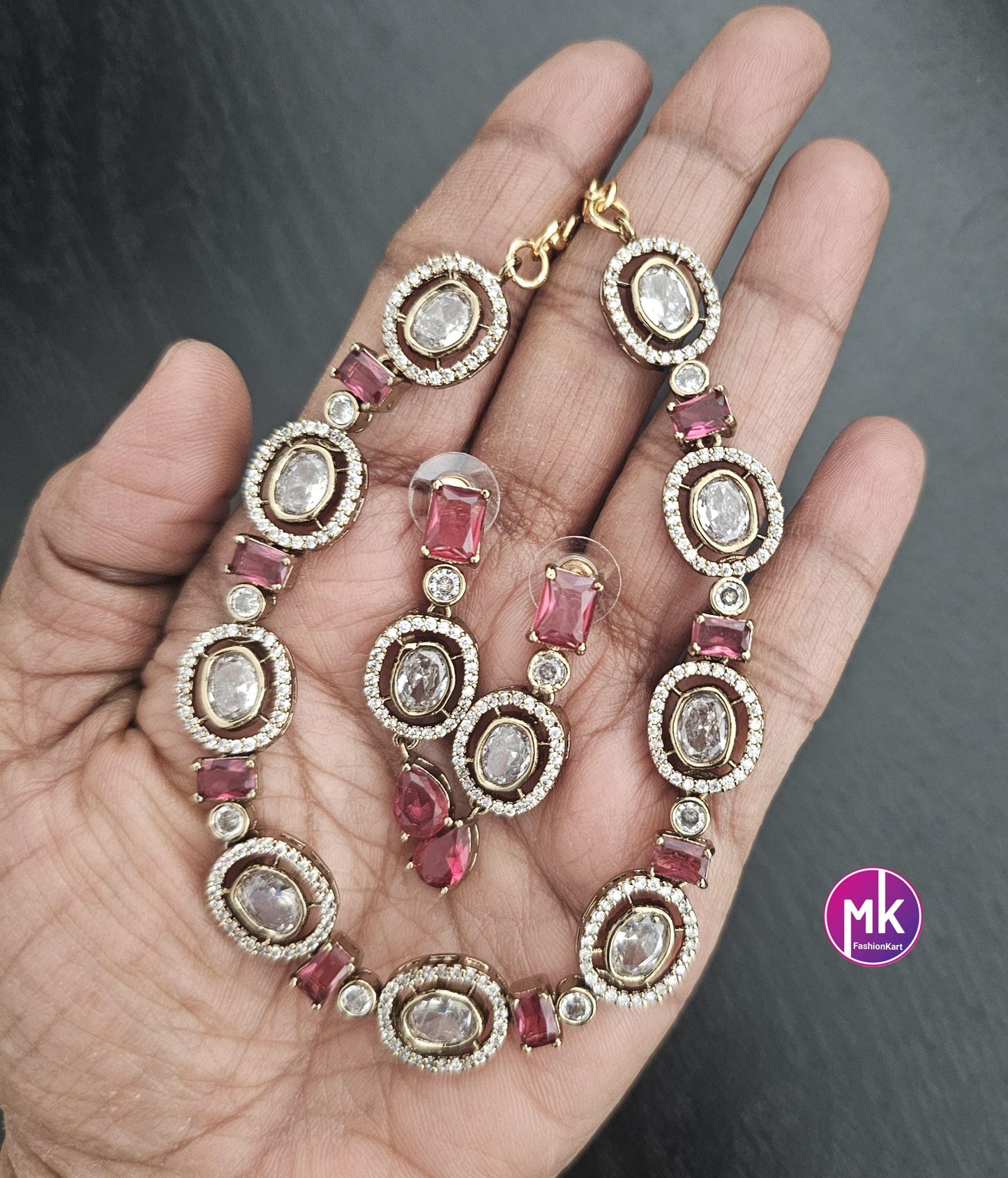 Celebrity Style Red wine color AD stone and CZ stone Necklace with matching Earrings - Fashion Jewelry - MK Fashionkart