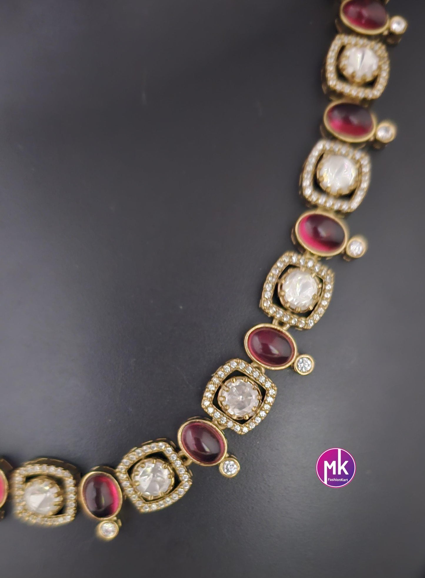 Celebrity Style Red wine and white color AD stone, CZ stone Necklace w matching Earrings - Adult cum Teen - Fashion Jewelry - MK Fashionkart