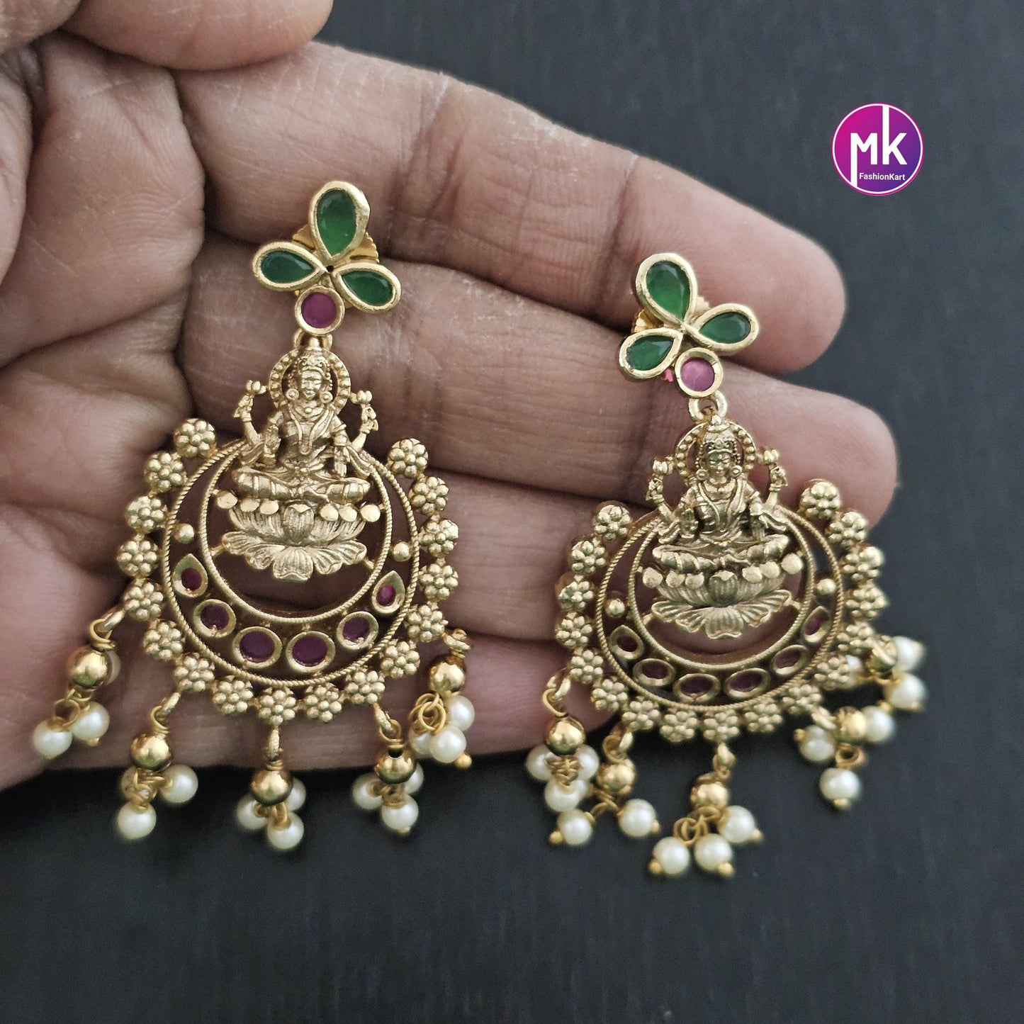 Lakshmi Premium Quality matte gold finish Kemp stones Earrings with hanging pearls - MK Fashionkart - Fashion Jewelry
