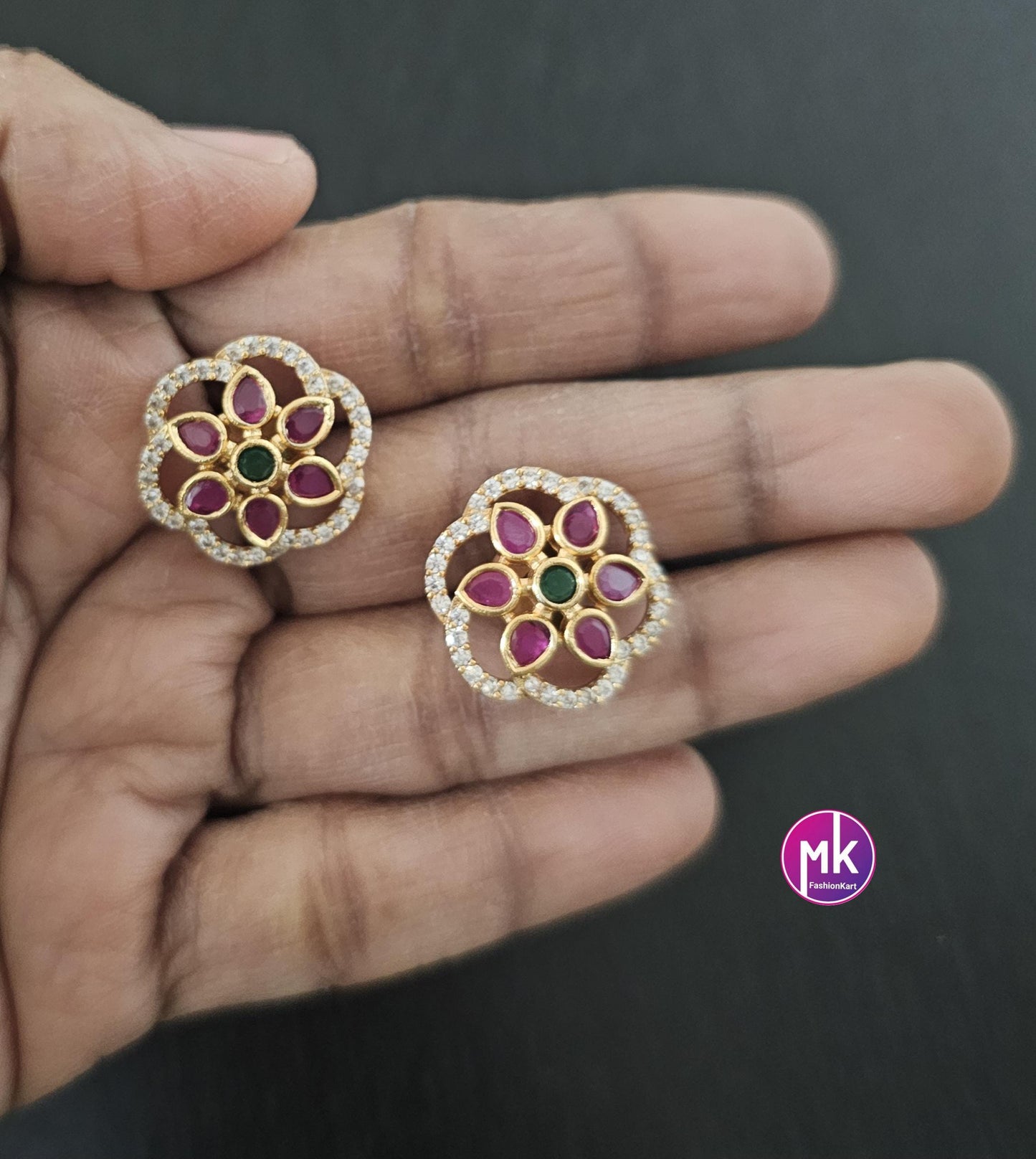 Gold finish Flower design Kemp and AD stones Earrings - Partywear Earrings - MK Fashionkart - Fashion Jewelry