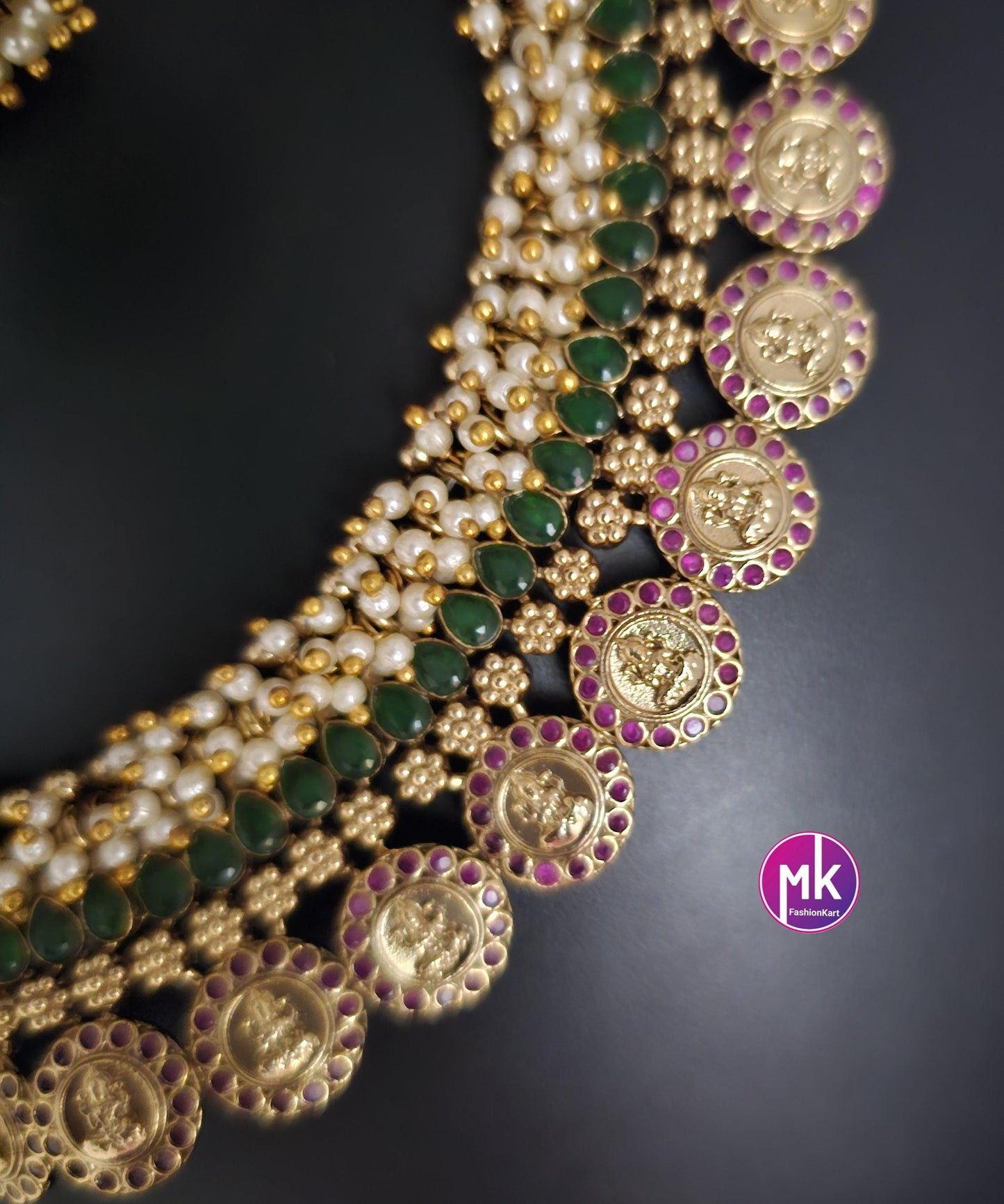 Lakshmi Loreal pearl matte gold finish AD stone big necklace with matching big Jhumka- Bridal Necklace - Gold Replica - MK Fashionkart