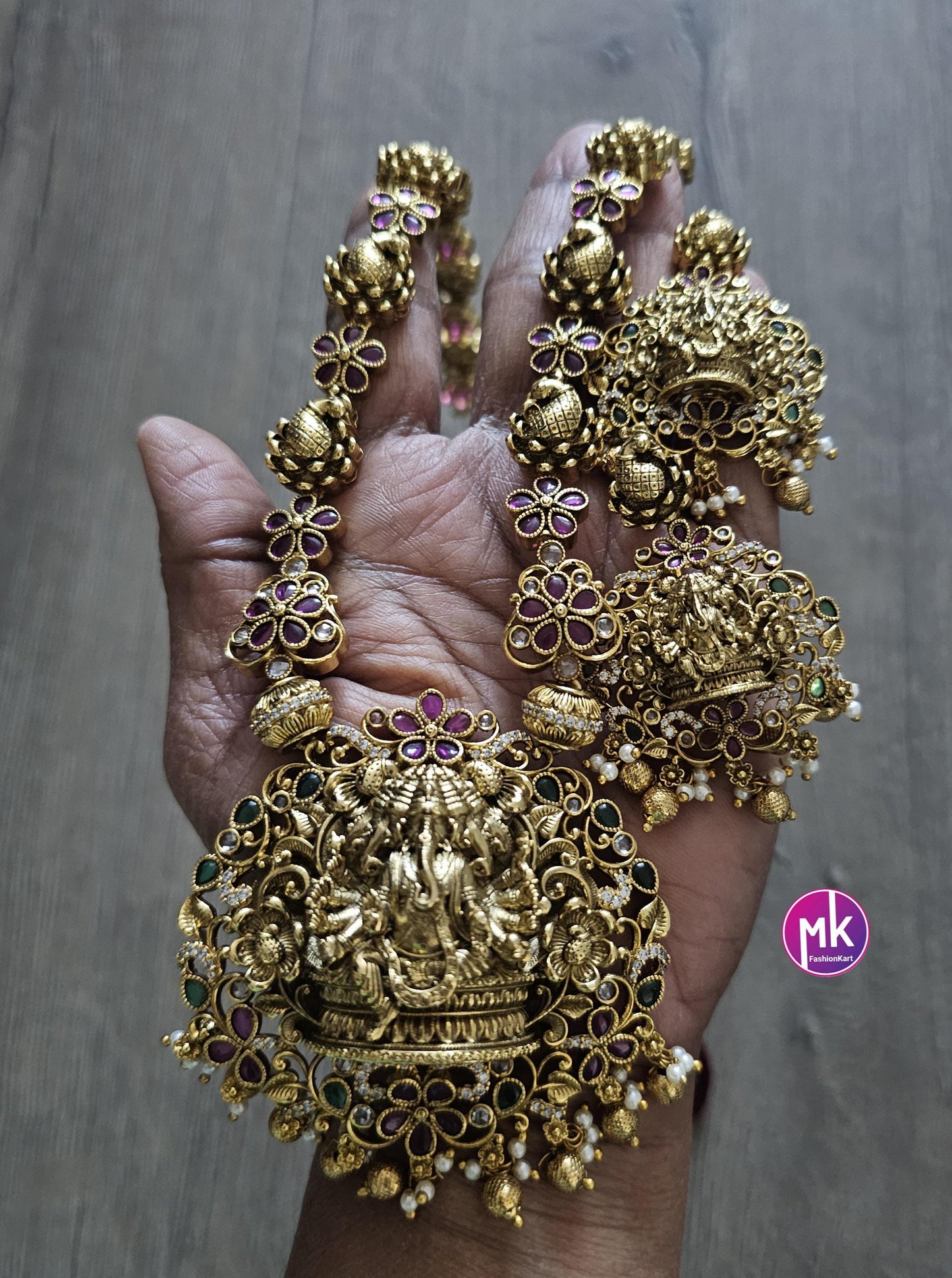 Panchmukh Ganesa Premium quality Gold Jewelry Replica Haram with big pendent with matching Big Earrings - Bridal Haram - MK Fashionkart
