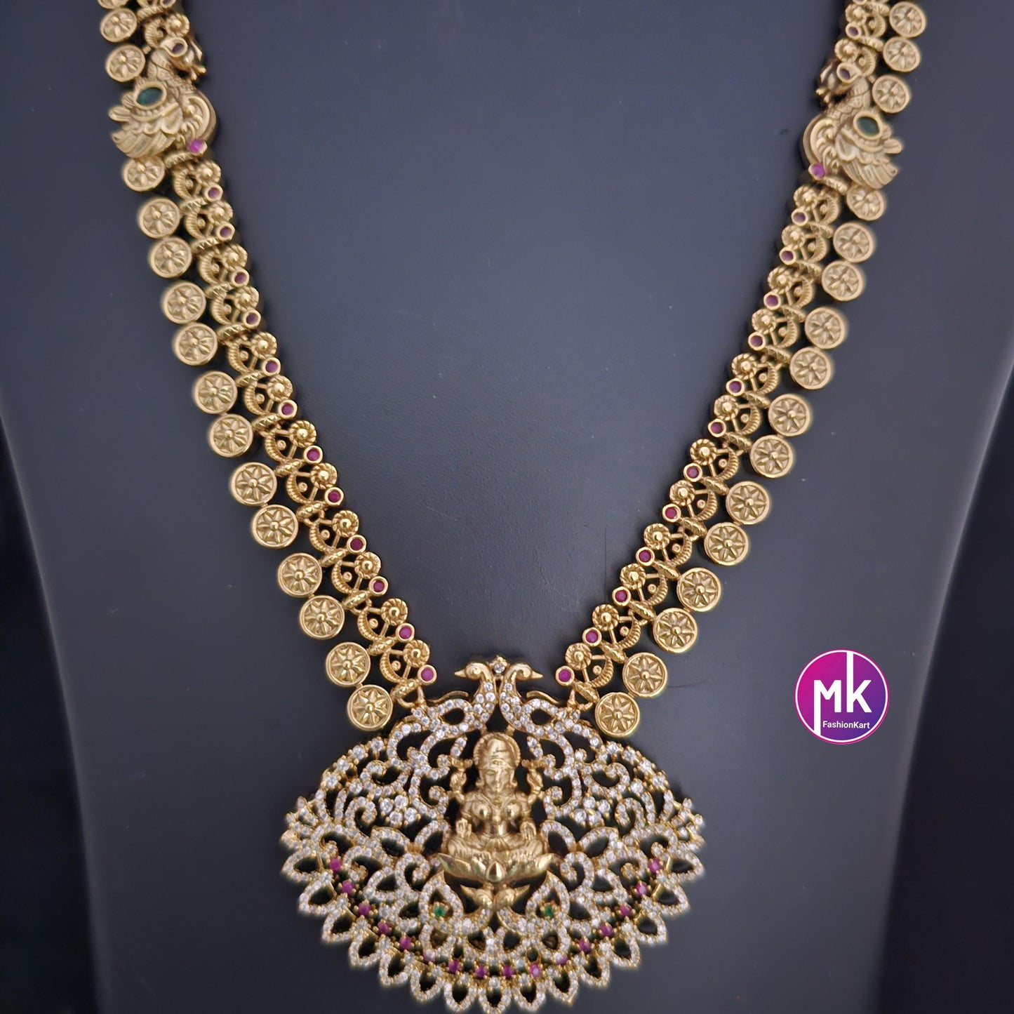 Lakshmi Peacock Premium quality Gold Jewelry Replica AD/CZ stone Haram with pendent with matching Earrings - Bridal Haram - MK Fashionkart