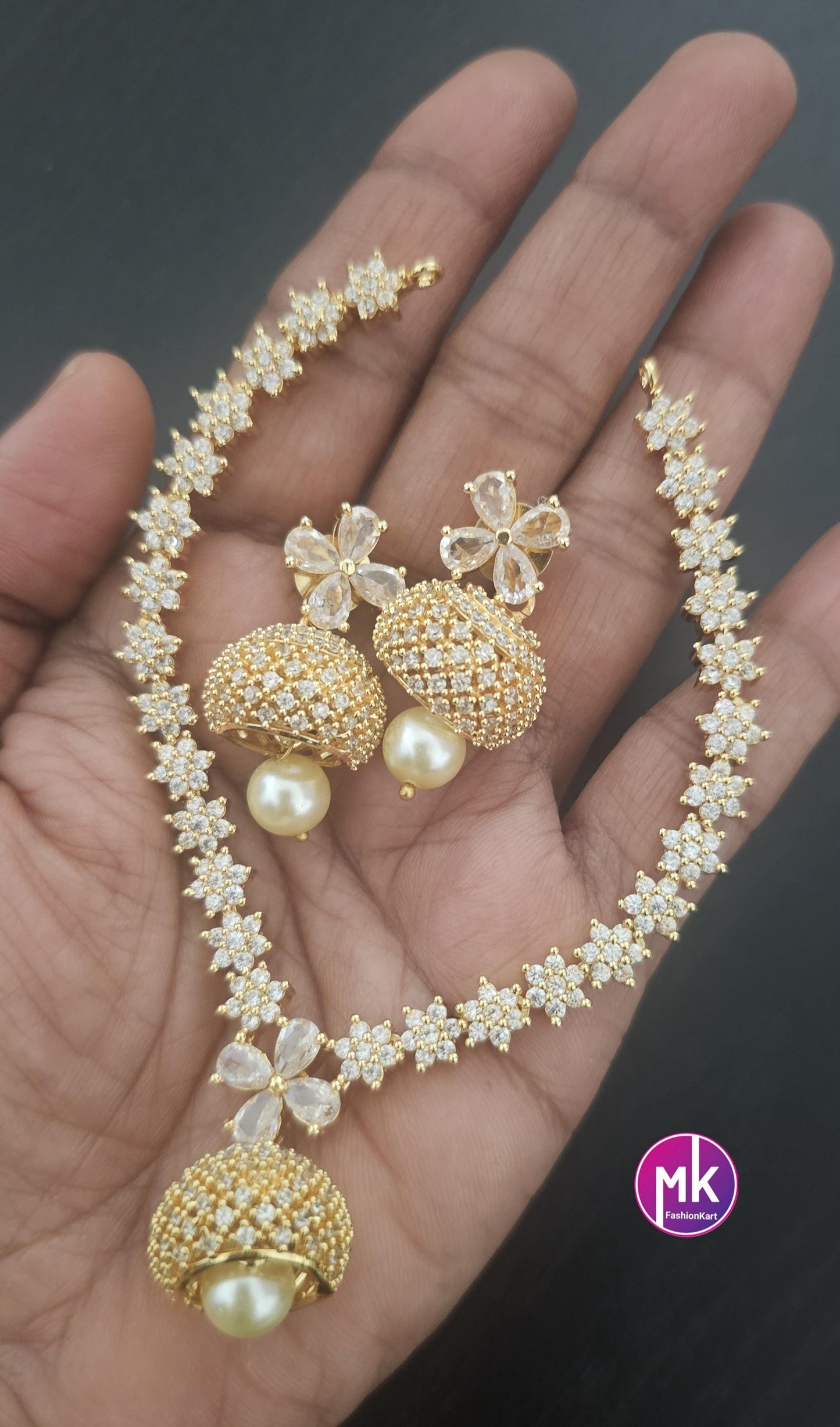 CZ and AD Stone Premium Gold Finish flower design Necklace with matching Jhumka - Mom Daughter Necklace - Fashion Jewelry - MK Fashionkart
